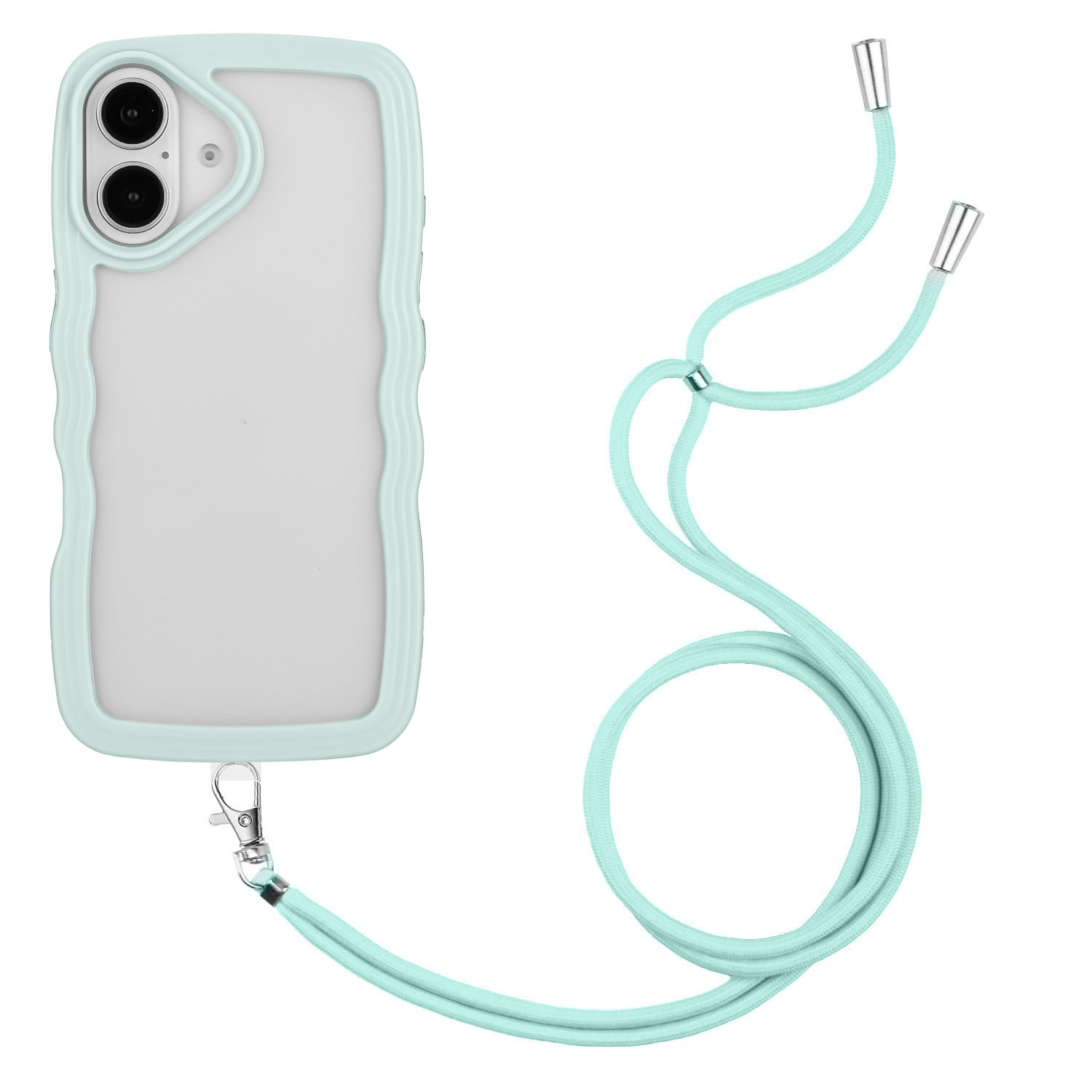 For iPhone 16 Candy Color Wave TPU Clear PC Phone Case with Lanyard(Green) For iPhone 16 Candy Color Wave TPU Clear PC Phone Case with Lanyard(Green)