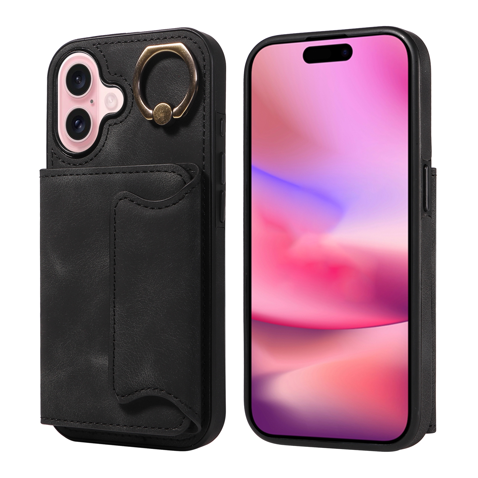 For iPhone 16 Skin Feel Card Bag Phone Case with Ring Buckle(Black) For iPhone 16 Skin Feel Card Bag Phone Case with Ring Buckle(Black)