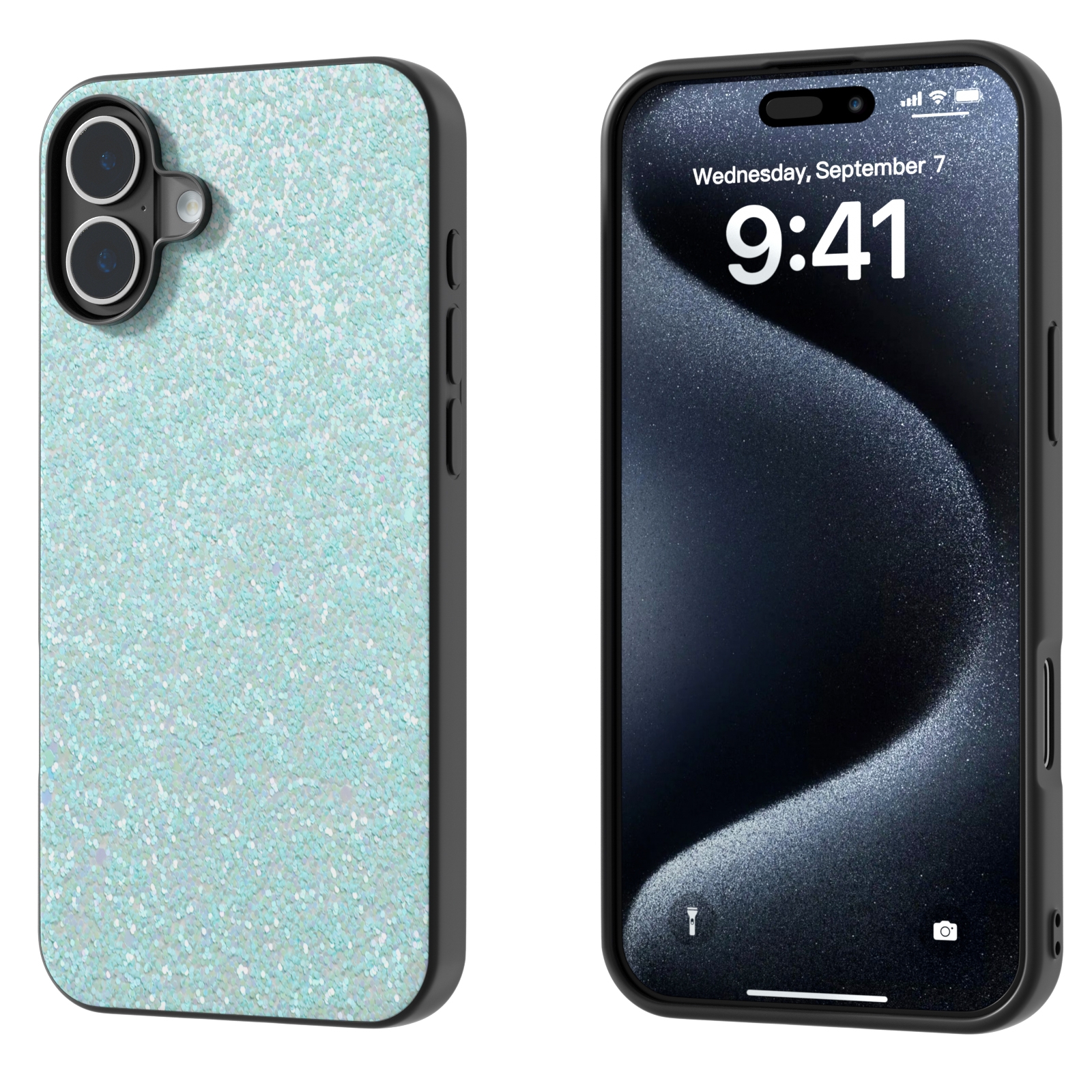 For iPhone 16 Black Frame Colorful Glitter Phone Case(Light Green) For iPhone 16 Black Frame Colorful Glitter Phone Case(Light Green)