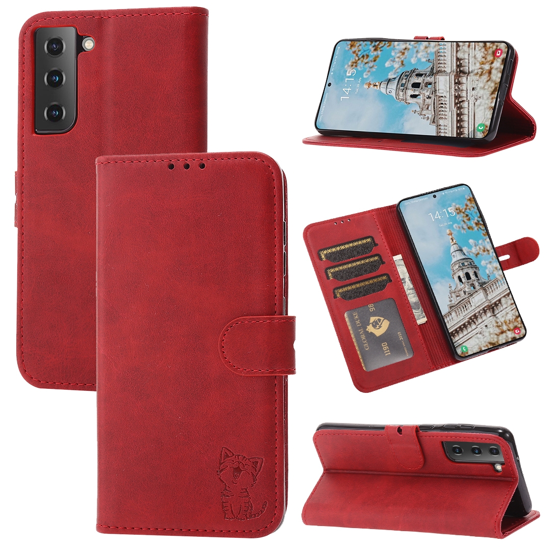 For Samsung Galaxy S25 5G Embossed Happy Cat Pattern Flip Leather Phone Case(Red) For Samsung Galaxy S25 5G Embossed Happy Cat Pattern Flip Leather Phone Case(Red)