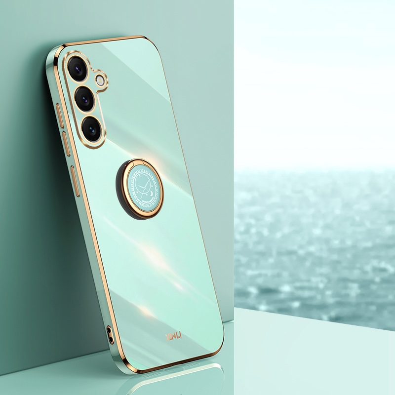 For Samsung Galaxy S25 5G XINLI Straight 6D Plating Gold Edge TPU Shockproof Case with Ring Holder(Mint Green) For Samsung Galaxy S25 5G XINLI Straight 6D Plating Gold Edge TPU Shockproof Case with Ring Holder(Mint Green)