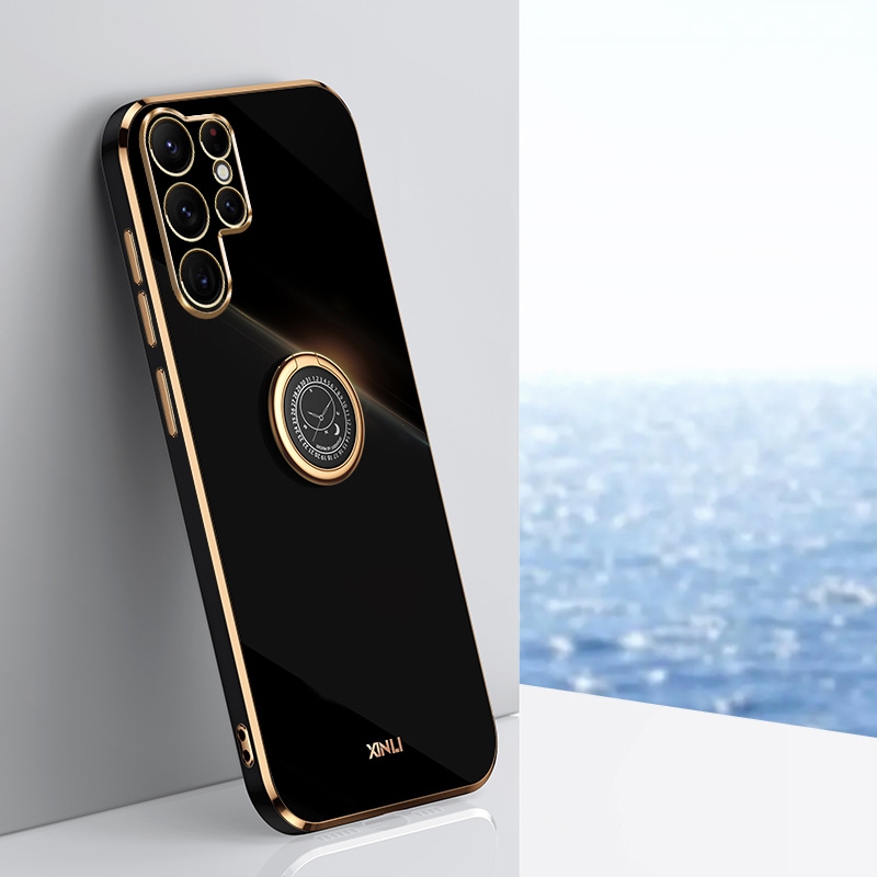 For Samsung Galaxy S25 Ultra 5G XINLI Straight 6D Plating Gold Edge TPU Shockproof Case with Ring Holder(Black) For Samsung Galaxy S25 Ultra 5G XINLI Straight 6D Plating Gold Edge TPU Shockproof Case with Ring Holder(Black)