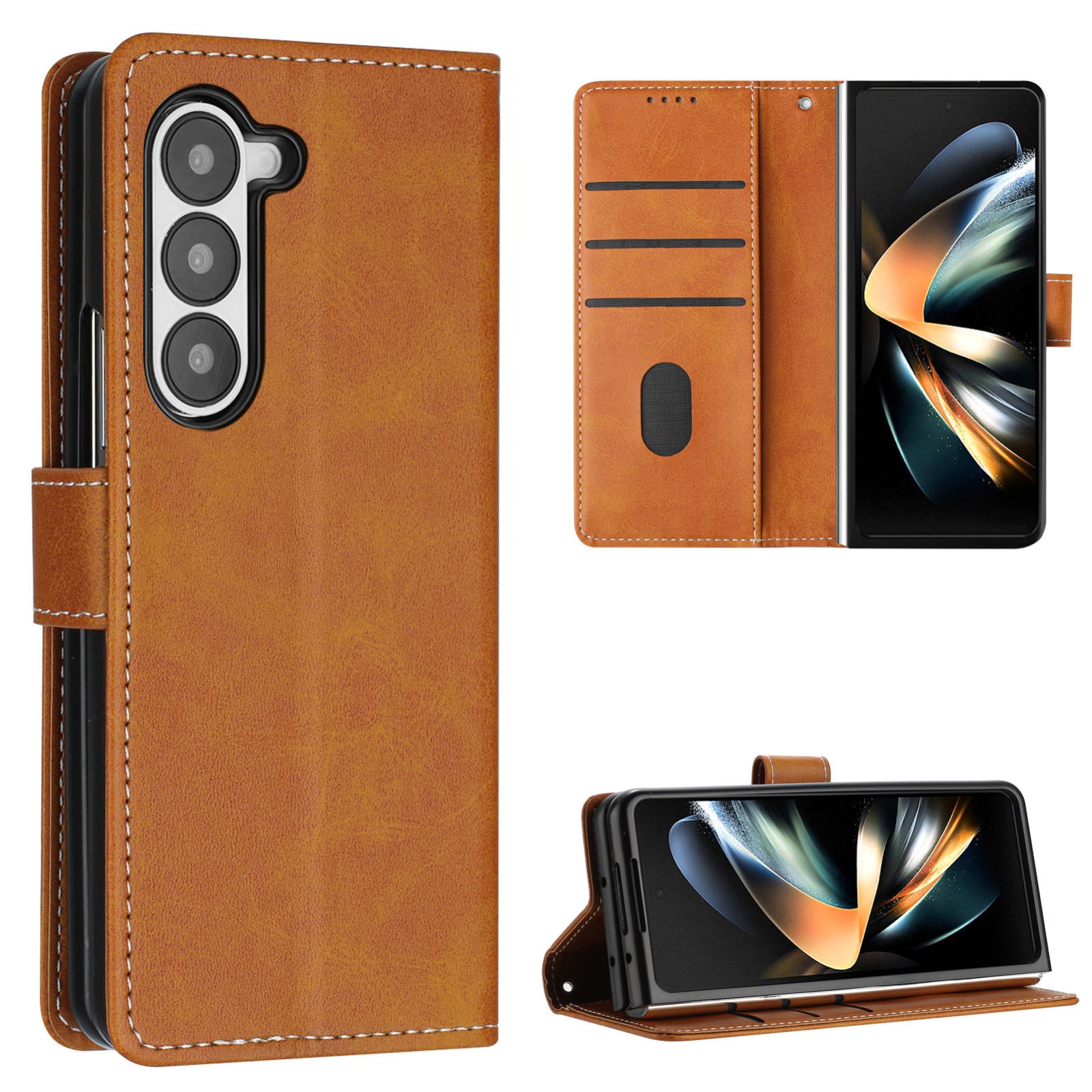 For Samsung Galaxy Z Fold6 Stitching Calf Texture Buckle Folding Leather Phone Case(Yellow) For Samsung Galaxy Z Fold6 Stitching Calf Texture Buckle Folding Leather Phone Case(Yellow)