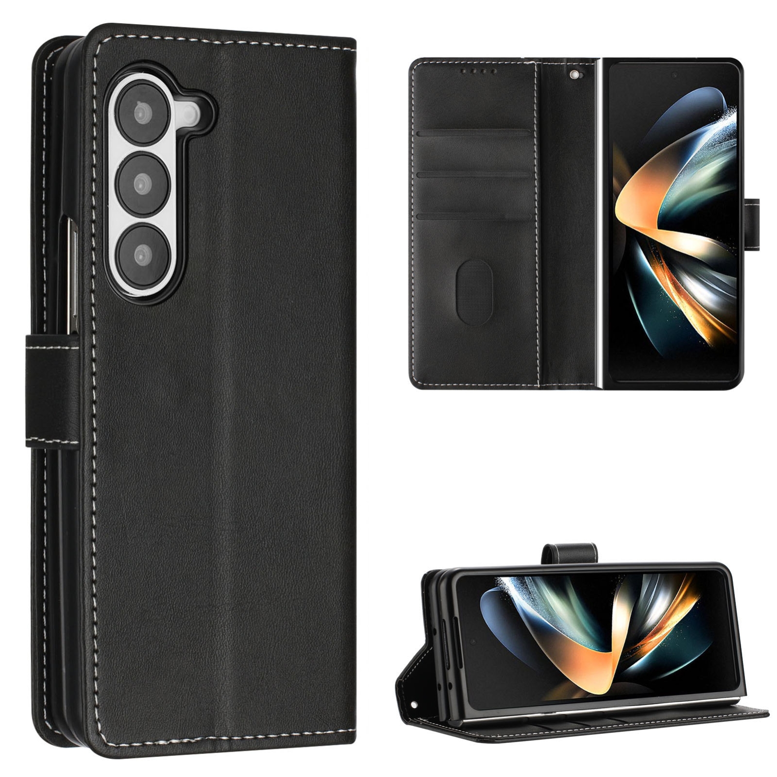 For Samsung Galaxy Z Fold5 Stitching Calf Texture Buckle Folding Leather Phone Case(Black) For Samsung Galaxy Z Fold5 Stitching Calf Texture Buckle Folding Leather Phone Case(Black)