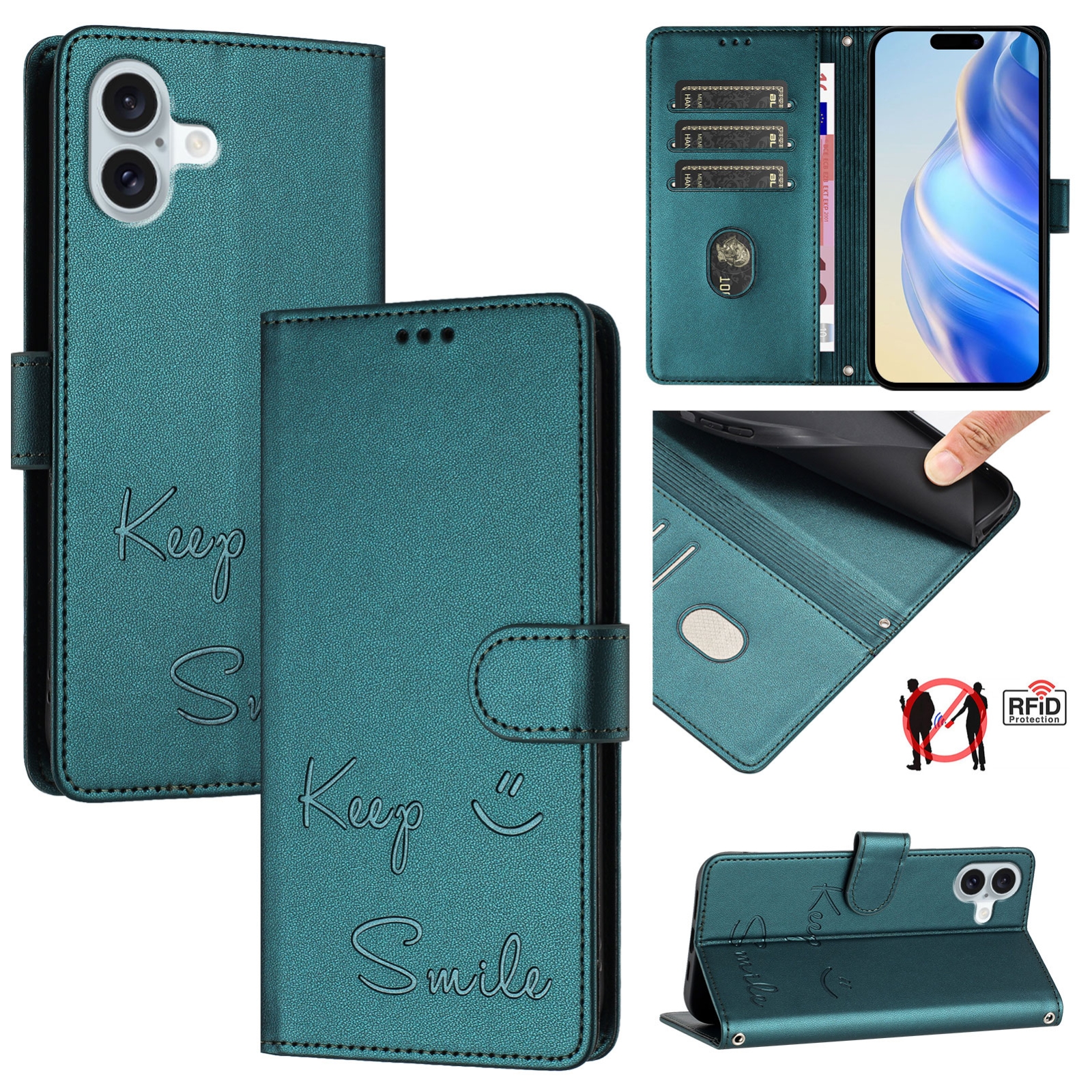 For iPhone 16 Plus Smile Embossing RFID Leather Phone Case(Peacock Green) For iPhone 16 Plus Smile Embossing RFID Leather Phone Case(Peacock Green)