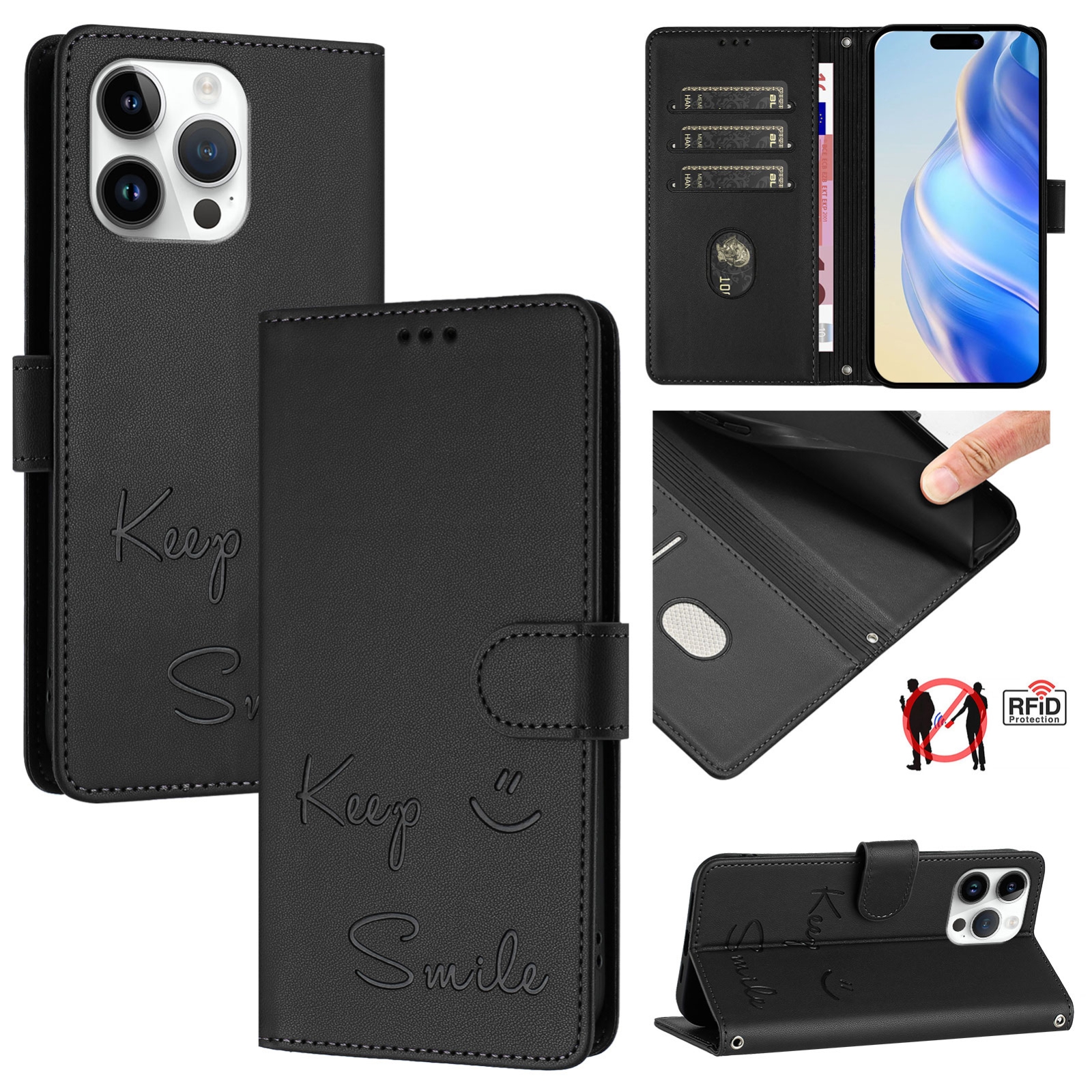 For iPhone 14 Pro Max Smile Embossing RFID Leather Phone Case(Black) For iPhone 14 Pro Max Smile Embossing RFID Leather Phone Case(Black)