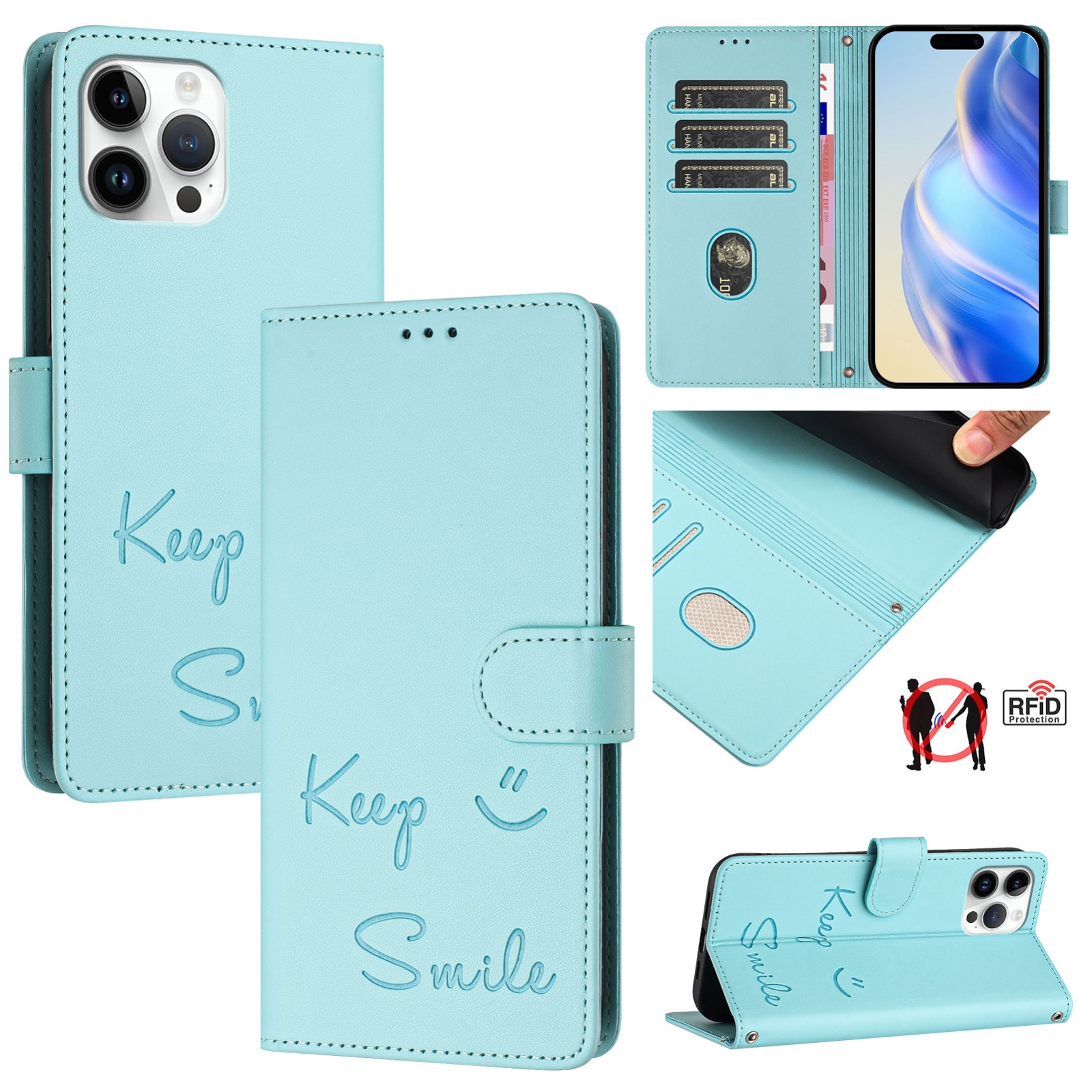 For iPhone 12 Pro Max Smile Embossing RFID Leather Phone Case(Mint Green) For iPhone 12 Pro Max Smile Embossing RFID Leather Phone Case(Mint Green)