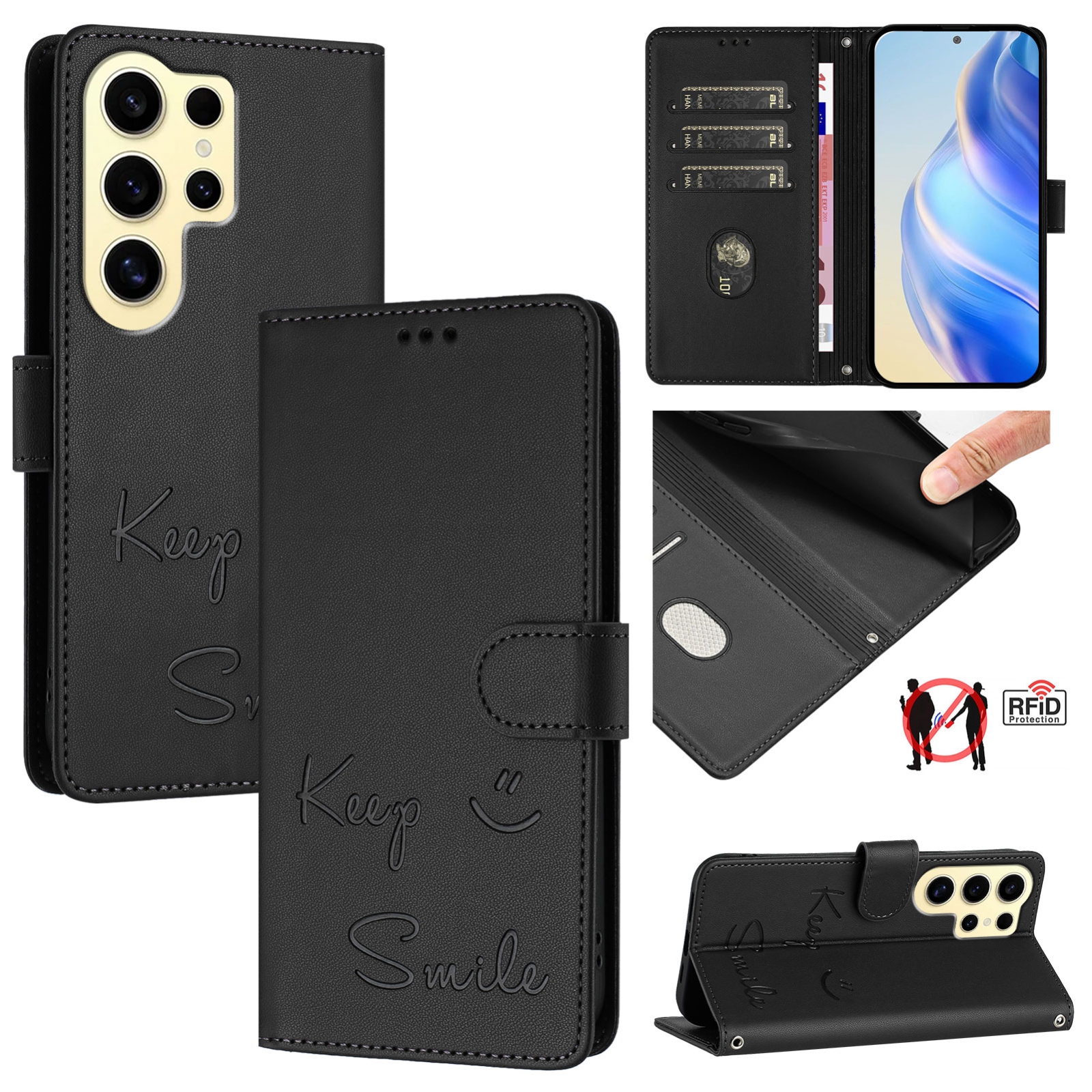 For Samsung Galaxy S24 Ultra 5G Smile Embossing RFID Leather Phone Case(Black) For Samsung Galaxy S24 Ultra 5G Smile Embossing RFID Leather Phone Case(Black)