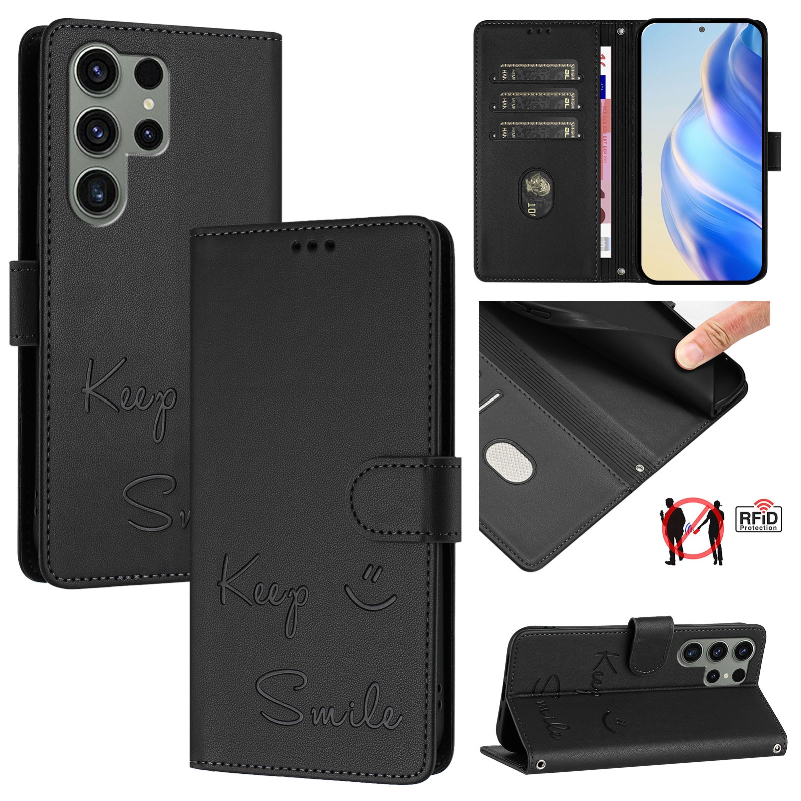For Samsung Galaxy S23 Ultra 5G Smile Embossing RFID Leather Phone Case(Black) For Samsung Galaxy S23 Ultra 5G Smile Embossing RFID Leather Phone Case(Black)