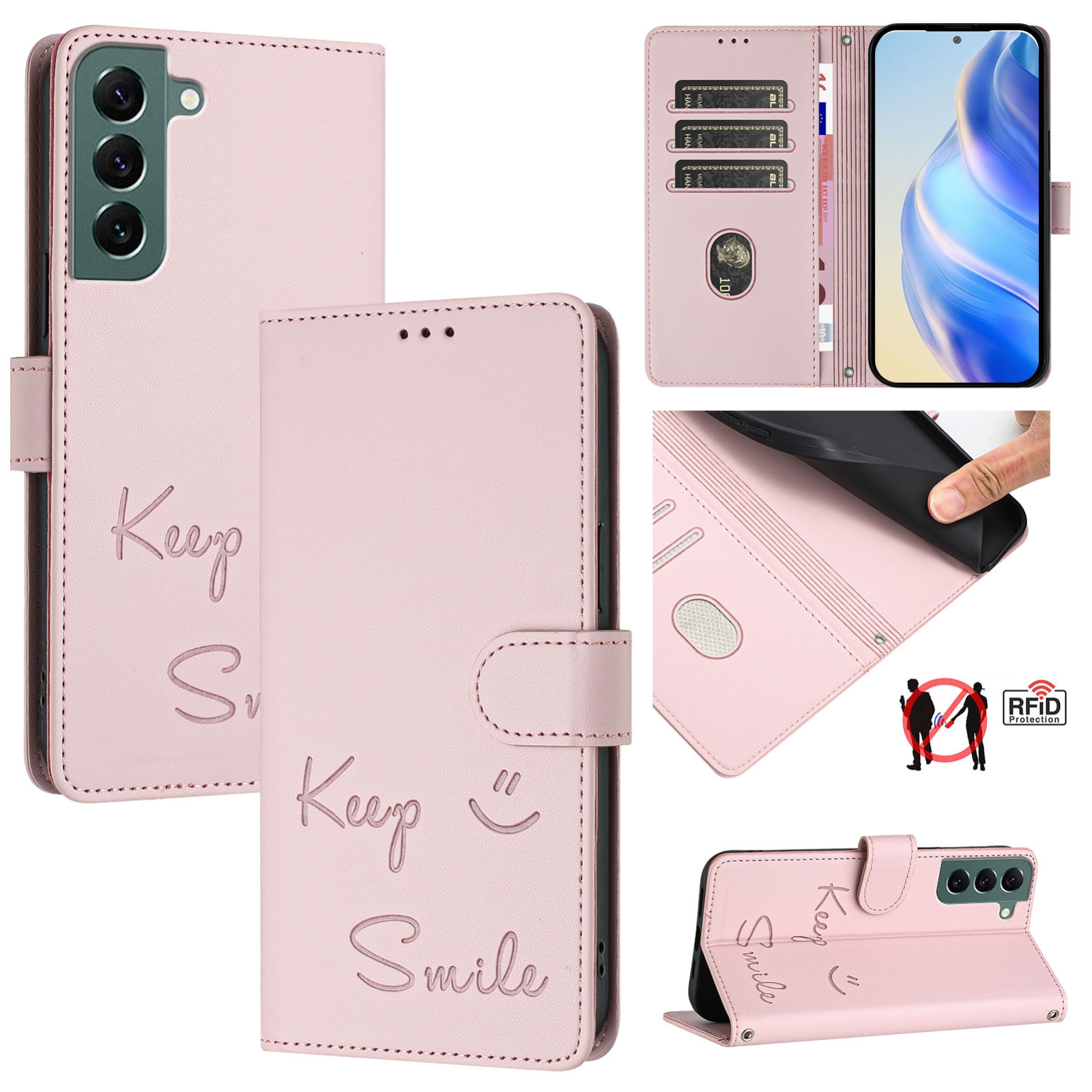 For Samsung Galaxy S22+ 5G Smile Embossing RFID Leather Phone Case(Pink) For Samsung Galaxy S22+ 5G Smile Embossing RFID Leather Phone Case(Pink)