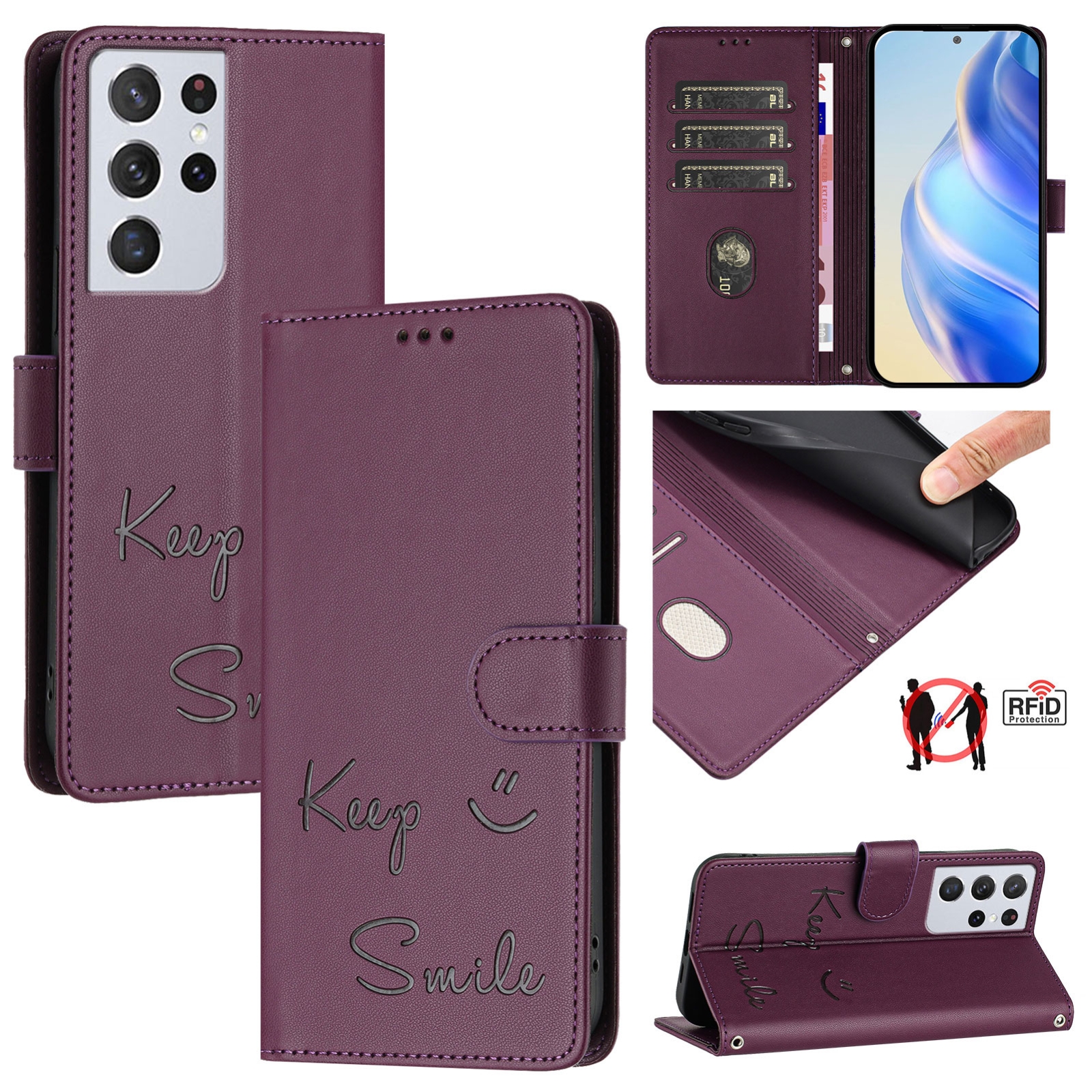 For Samsung Galaxy S21 Ultra 5G Smile Embossing RFID Leather Phone Case(Violet) For Samsung Galaxy S21 Ultra 5G Smile Embossing RFID Leather Phone Case(Violet)