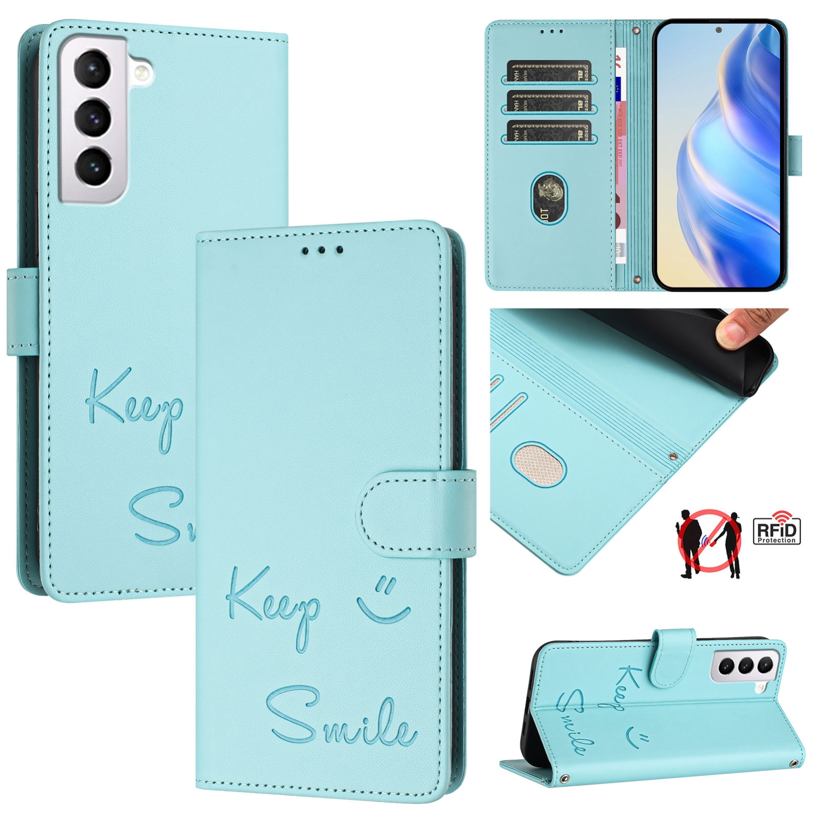 For Samsung Galaxy S21 5G Smile Embossing RFID Leather Phone Case(Mint Green) For Samsung Galaxy S21 5G Smile Embossing RFID Leather Phone Case(Mint Green)
