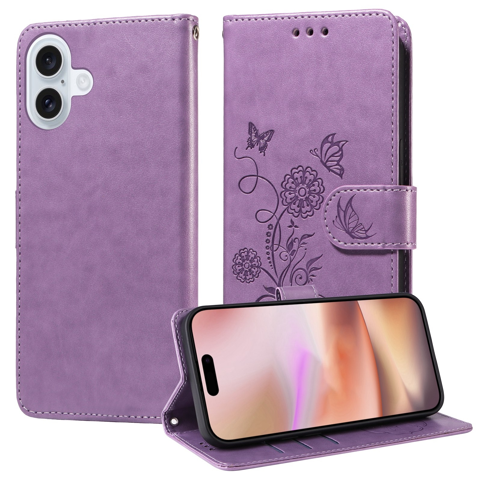 For iPhone 16 Plus Embossed Butterfly Flowers Leather Phone Case(Purple) For iPhone 16 Plus Embossed Butterfly Flowers Leather Phone Case(Purple)