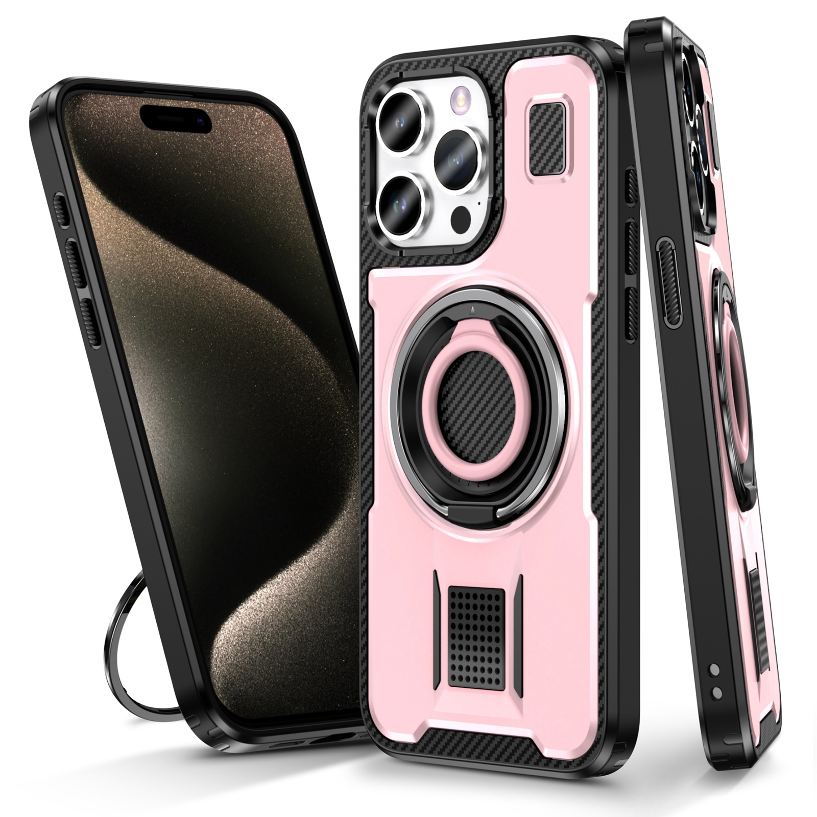 For iPhone 15 Pro Ring Holder Carbon Fiber PC Hybrid TPU Phone Case(Rose Gold) For iPhone 15 Pro Ring Holder Carbon Fiber PC Hybrid TPU Phone Case(Rose Gold)