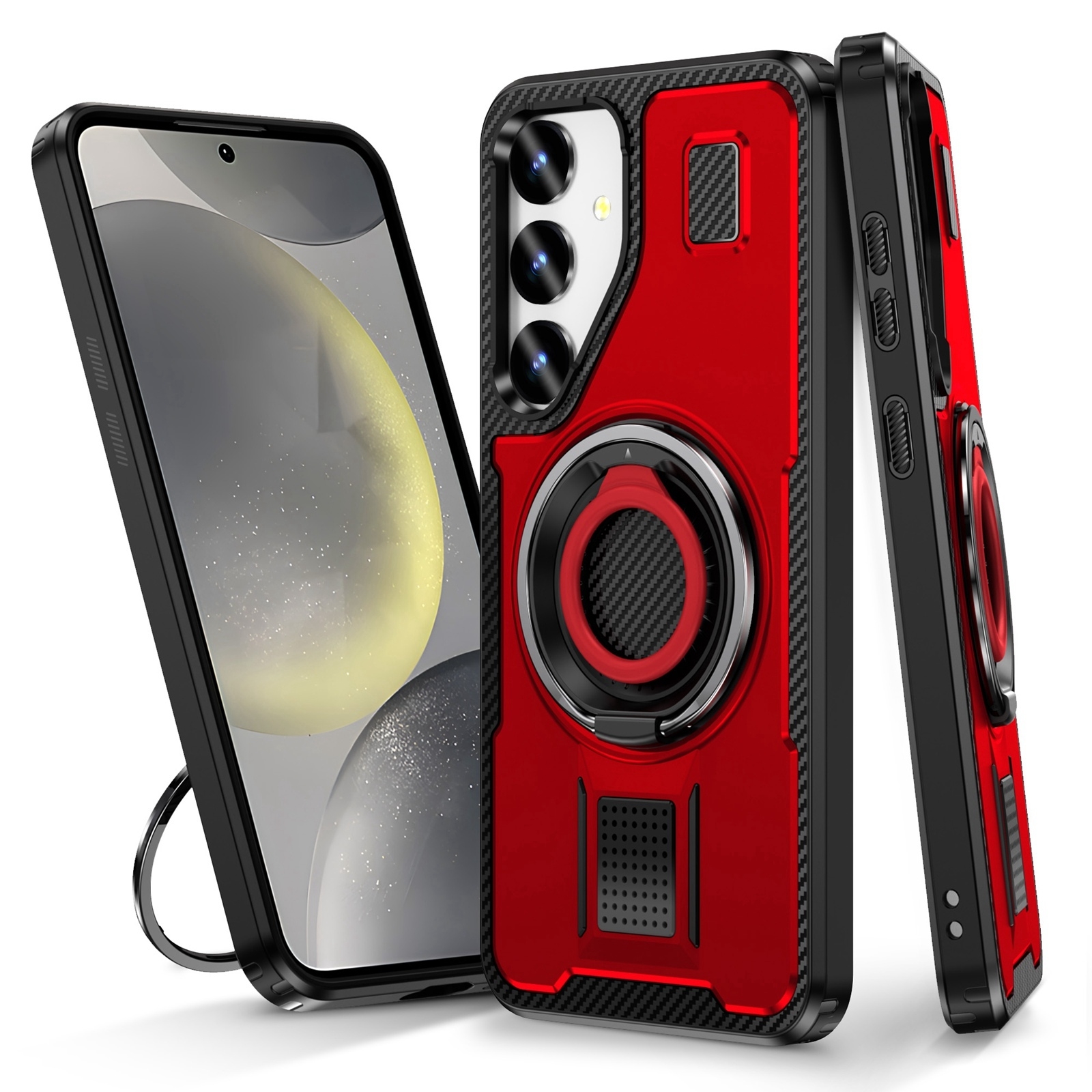 For Samsung Galaxy S25+ 5G Ring Holder Carbon Fiber PC Hybrid TPU Phone Case(Red)