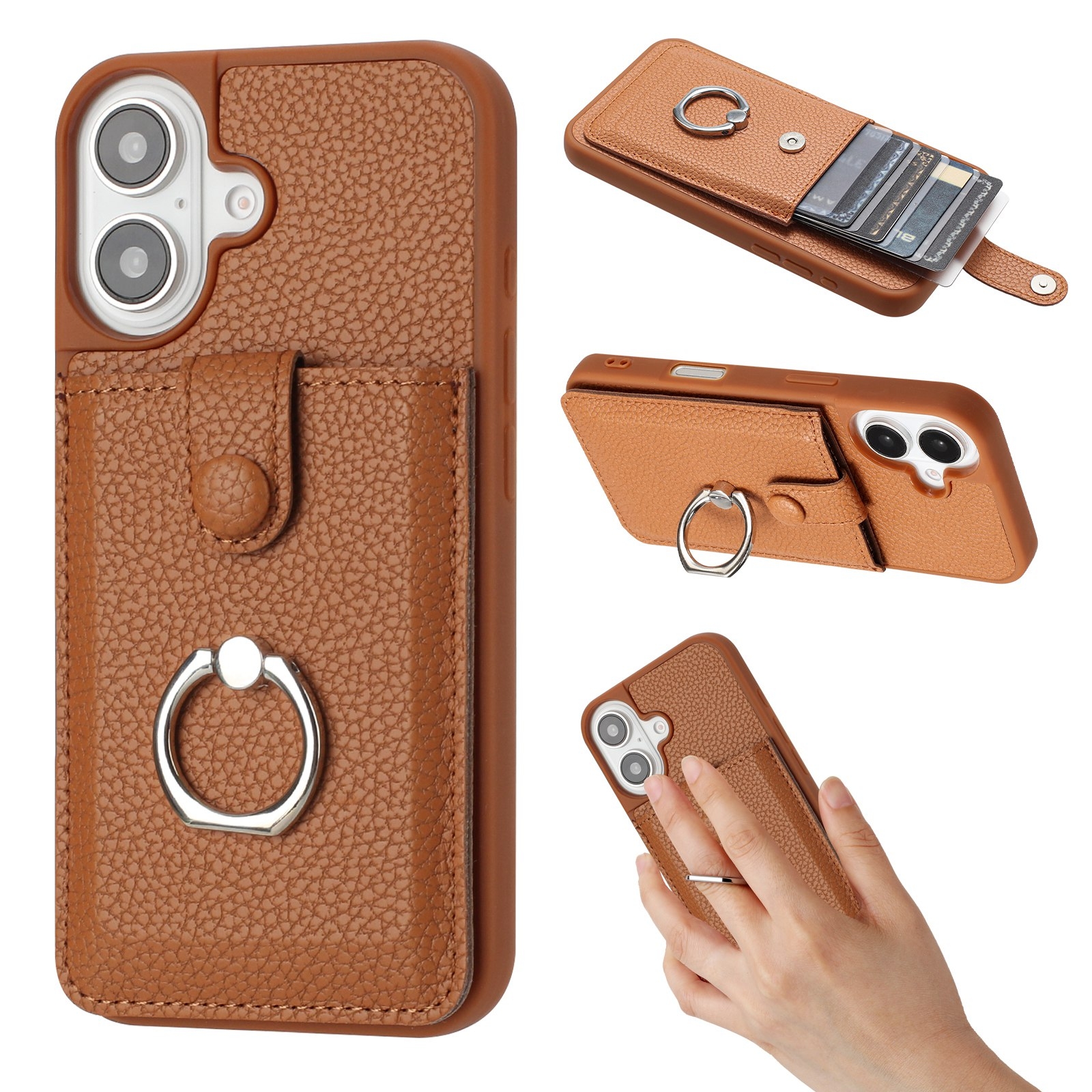 For iPhone 16 Litchi Texture Drawing Card Bag Ring Holder Phone Case(Brown) For iPhone 16 Litchi Texture Drawing Card Bag Ring Holder Phone Case(Brown)