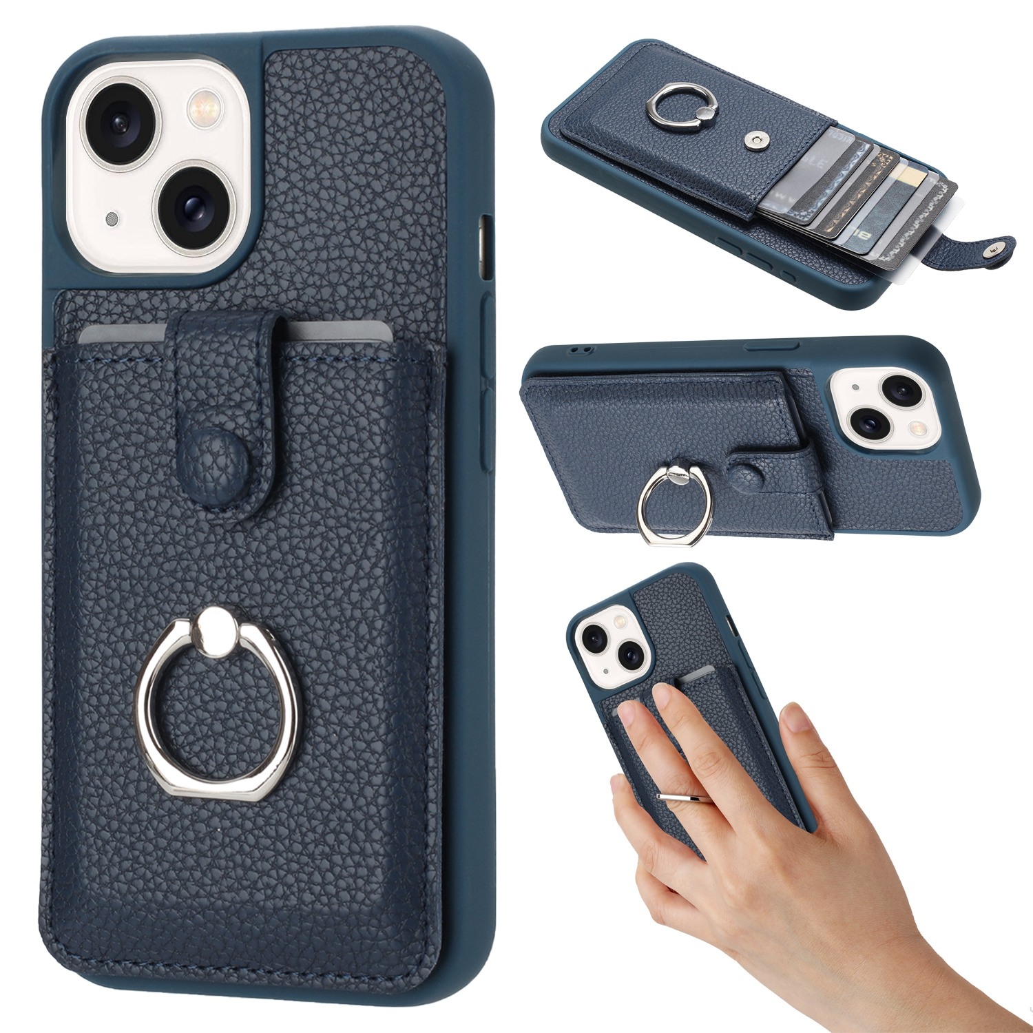 For iPhone 14 / 13 Litchi Texture Drawing Card Bag Ring Holder Phone Case(Blue) For iPhone 14 / 13 Litchi Texture Drawing Card Bag Ring Holder Phone Case(Blue)