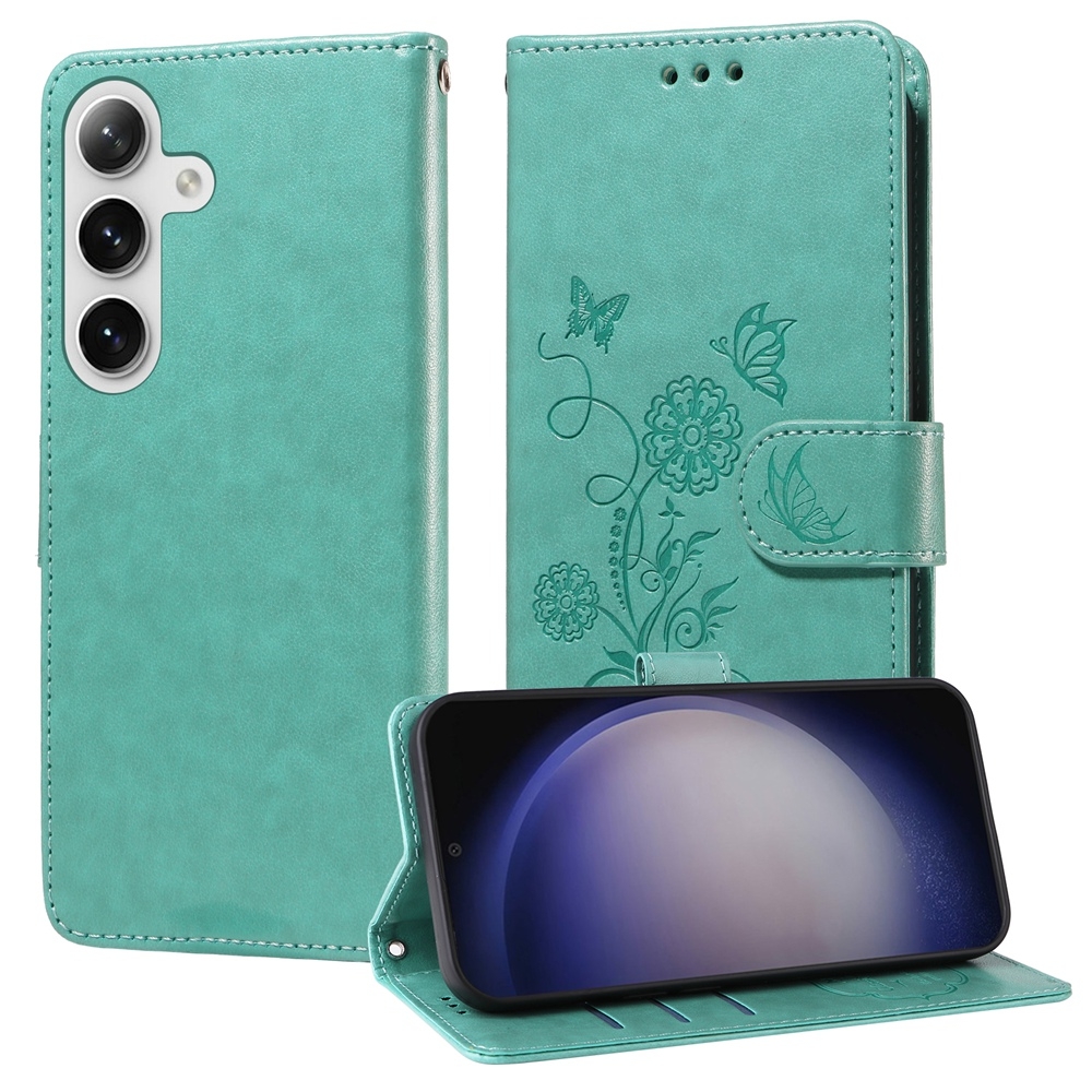 For Samsung Galaxy S25+ 5G Embossed Butterfly Flowers Leather Phone Case(Green) For Samsung Galaxy S25+ 5G Embossed Butterfly Flowers Leather Phone Case(Green)
