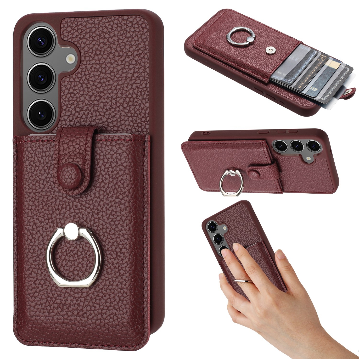 For Samsung Galaxy S24 FE 5G Litchi Texture Drawing Card Bag Ring Holder Phone Case(Wine Red) For Samsung Galaxy S24 FE 5G Litchi Texture Drawing Card Bag Ring Holder Phone Case(Wine Red)