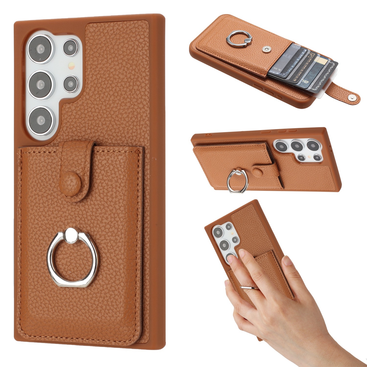 For Samsung Galaxy S24 Ultra 5G Litchi Texture Drawing Card Bag Ring Holder Phone Case(Brown) For Samsung Galaxy S24 Ultra 5G Litchi Texture Drawing Card Bag Ring Holder Phone Case(Brown)