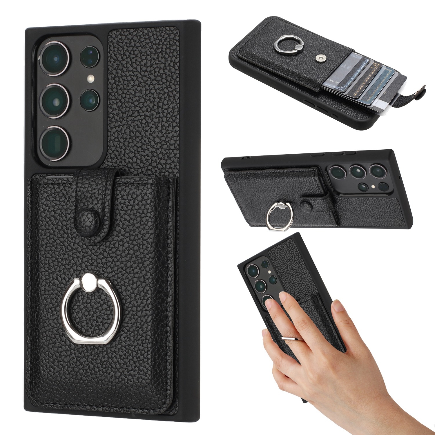For Samsung Galaxy S23 Ultra 5G Litchi Texture Drawing Card Bag Ring Holder Phone Case(Black) For Samsung Galaxy S23 Ultra 5G Litchi Texture Drawing Card Bag Ring Holder Phone Case(Black)