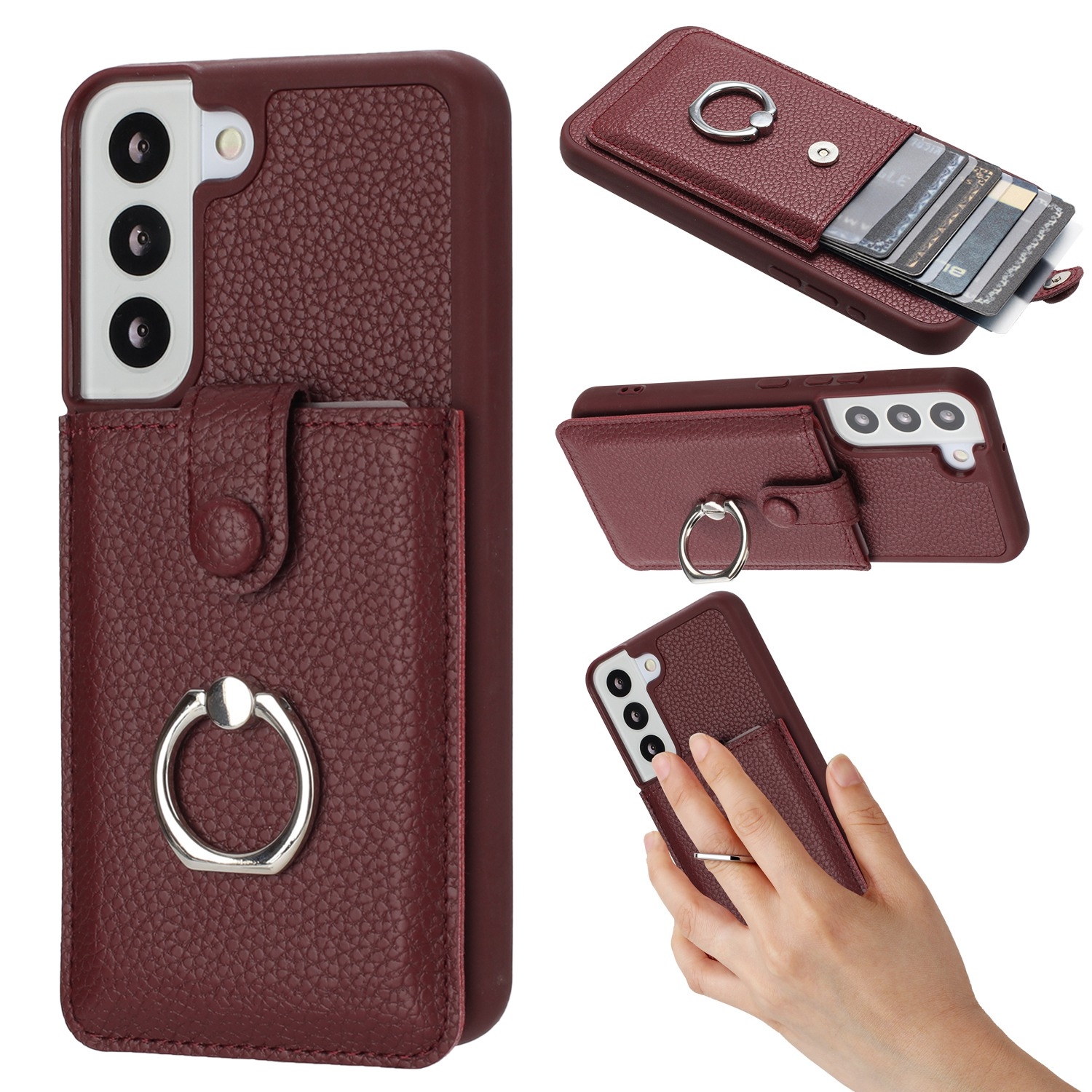 For Samsung Galaxy S22 5G Litchi Texture Drawing Card Bag Ring Holder Phone Case(Wine Red) For Samsung Galaxy S22 5G Litchi Texture Drawing Card Bag Ring Holder Phone Case(Wine Red)