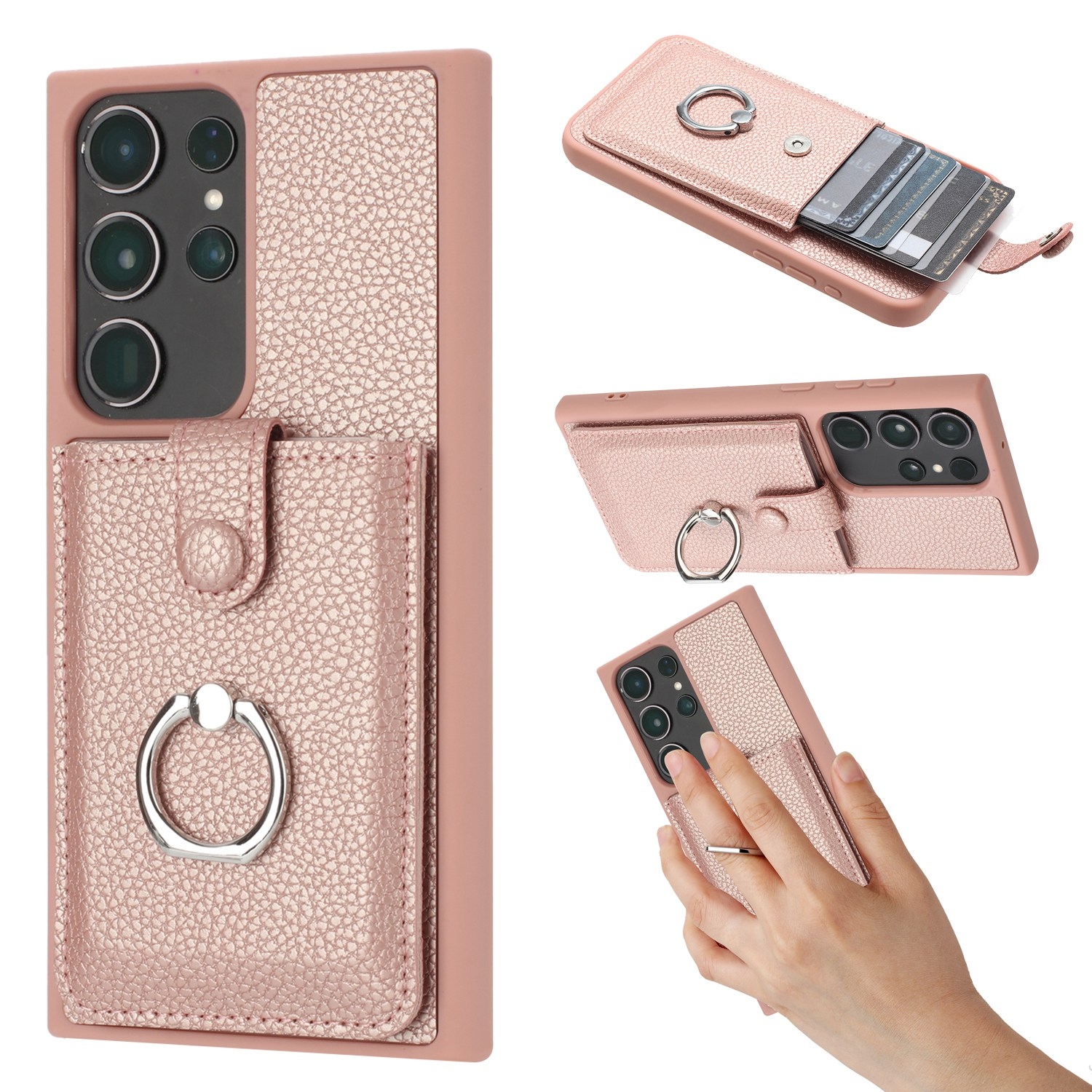 For Samsung Galaxy S22 Ultra 5G Litchi Texture Drawing Card Bag Ring Holder Phone Case(Rose Gold) For Samsung Galaxy S22 Ultra 5G Litchi Texture Drawing Card Bag Ring Holder Phone Case(Rose Gold)