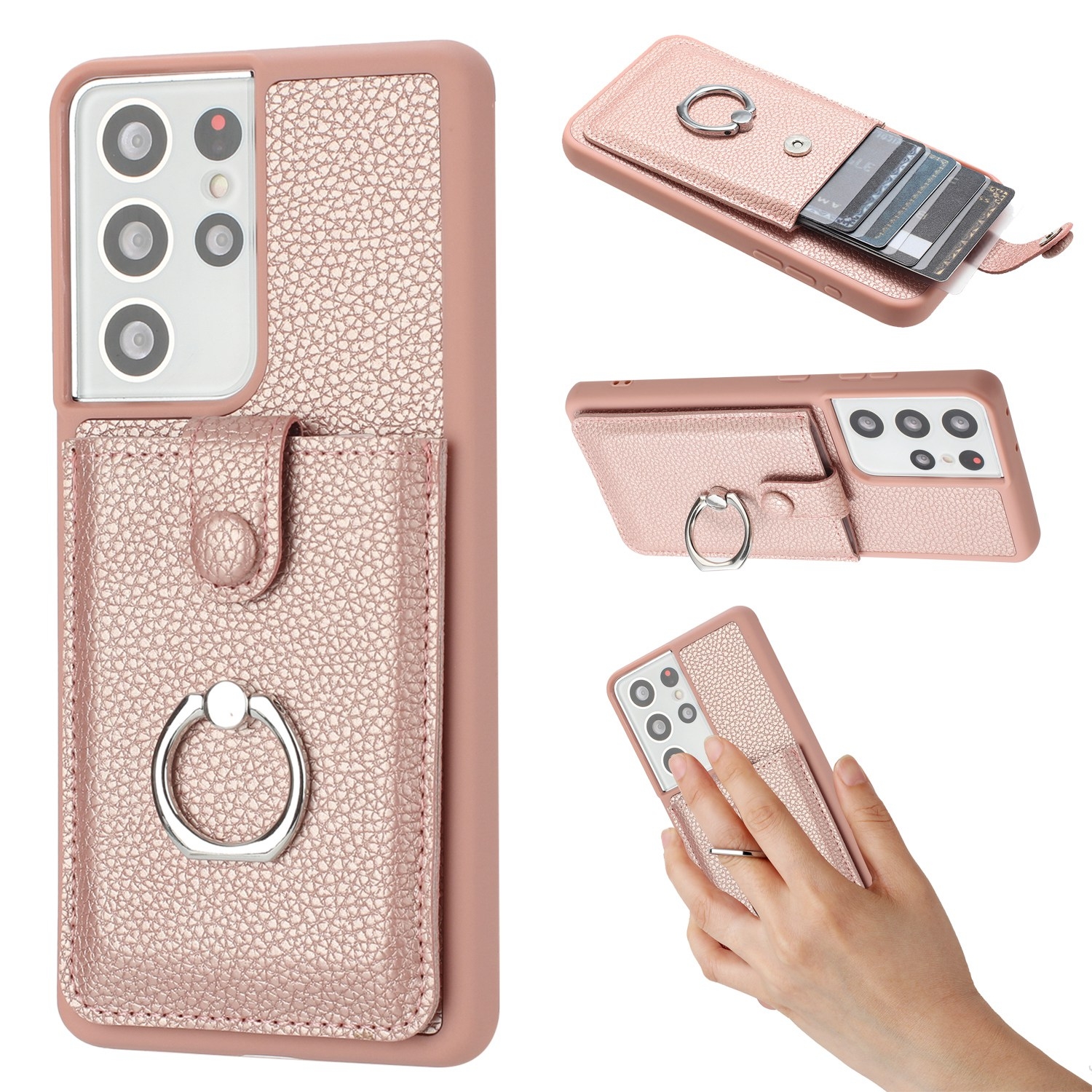 For Samsung Galaxy S21 Ultra 5G Litchi Texture Drawing Card Bag Ring Holder Phone Case(Rose Gold) For Samsung Galaxy S21 Ultra 5G Litchi Texture Drawing Card Bag Ring Holder Phone Case(Rose Gold)