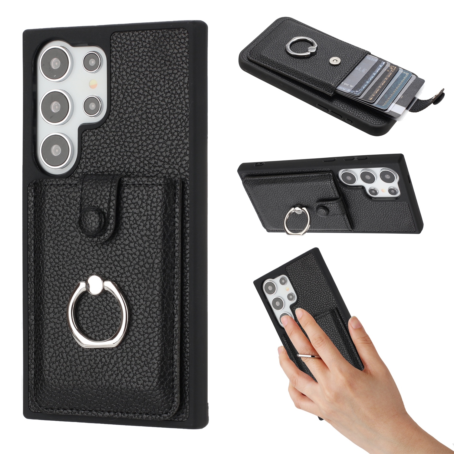 For Samsung Galaxy S25 Ultra 5G Litchi Texture Drawing Card Bag Ring Holder Phone Case(Black) For Samsung Galaxy S25 Ultra 5G Litchi Texture Drawing Card Bag Ring Holder Phone Case(Black)