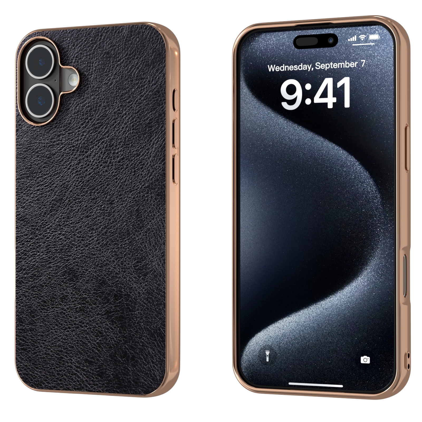 For iPhone 16 Nano Electroplating Dual Color Lichi Texture PU Phone Case(Black) For iPhone 16 Nano Electroplating Dual Color Lichi Texture PU Phone Case(Black)