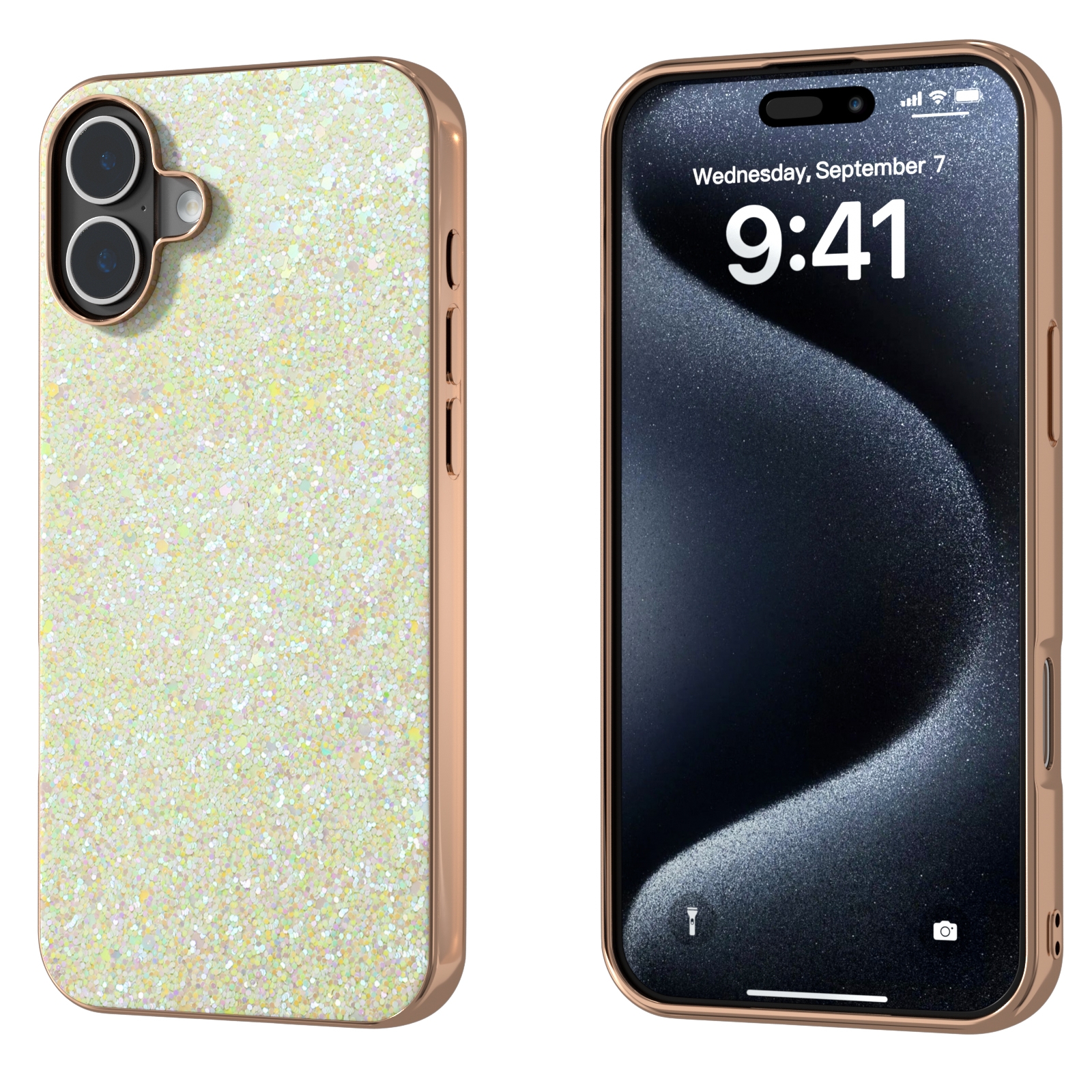 For iPhone 16 Plus Electroplating Frame Colorful Glitter Phone Case(Gold) For iPhone 16 Plus Electroplating Frame Colorful Glitter Phone Case(Gold)