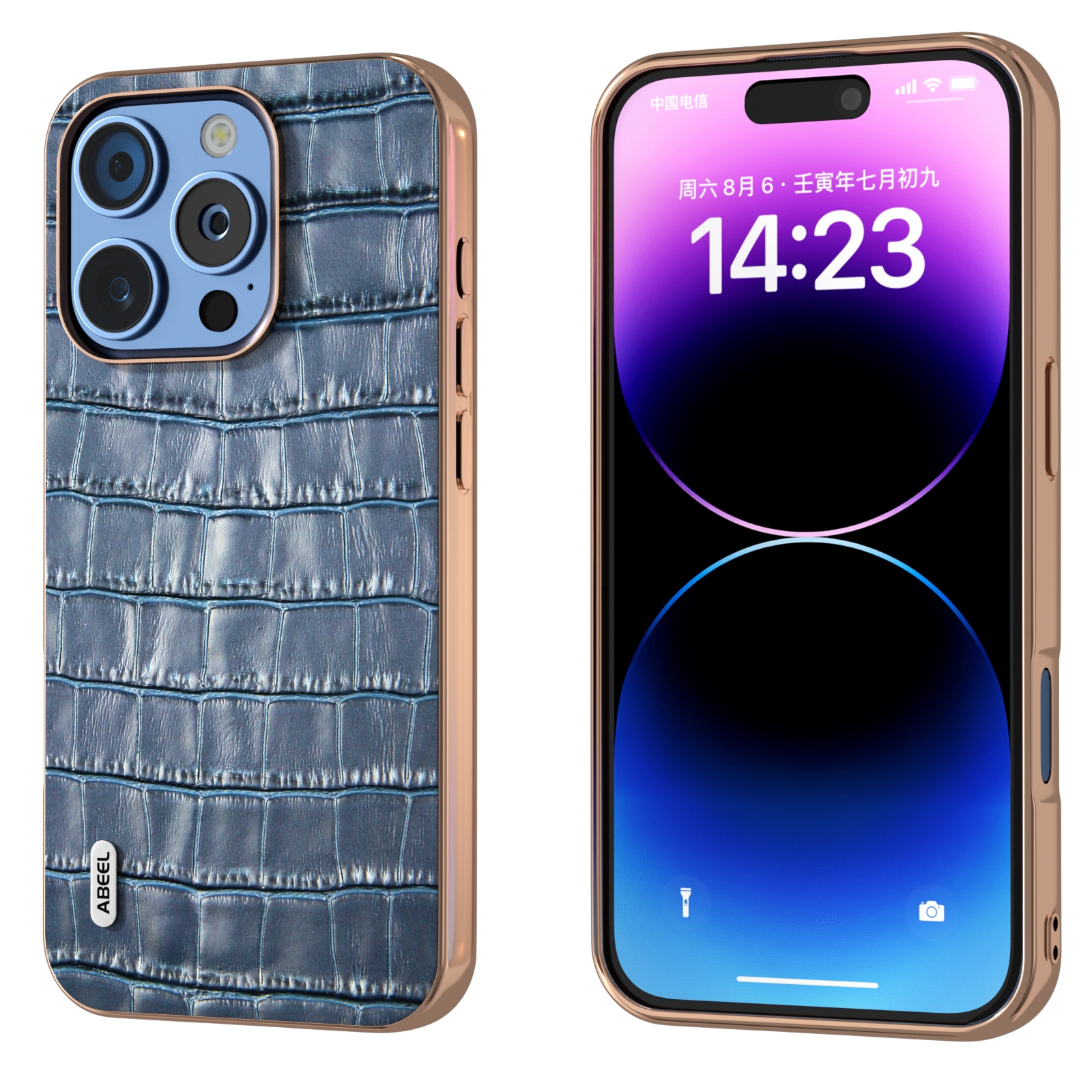 For iPhone 16 Pro ABEEL Electroplating Frame Crocodile Texture Genuine Leather Phone Case(Blue) For iPhone 16 Pro ABEEL Electroplating Frame Crocodile Texture Genuine Leather Phone Case(Blue)