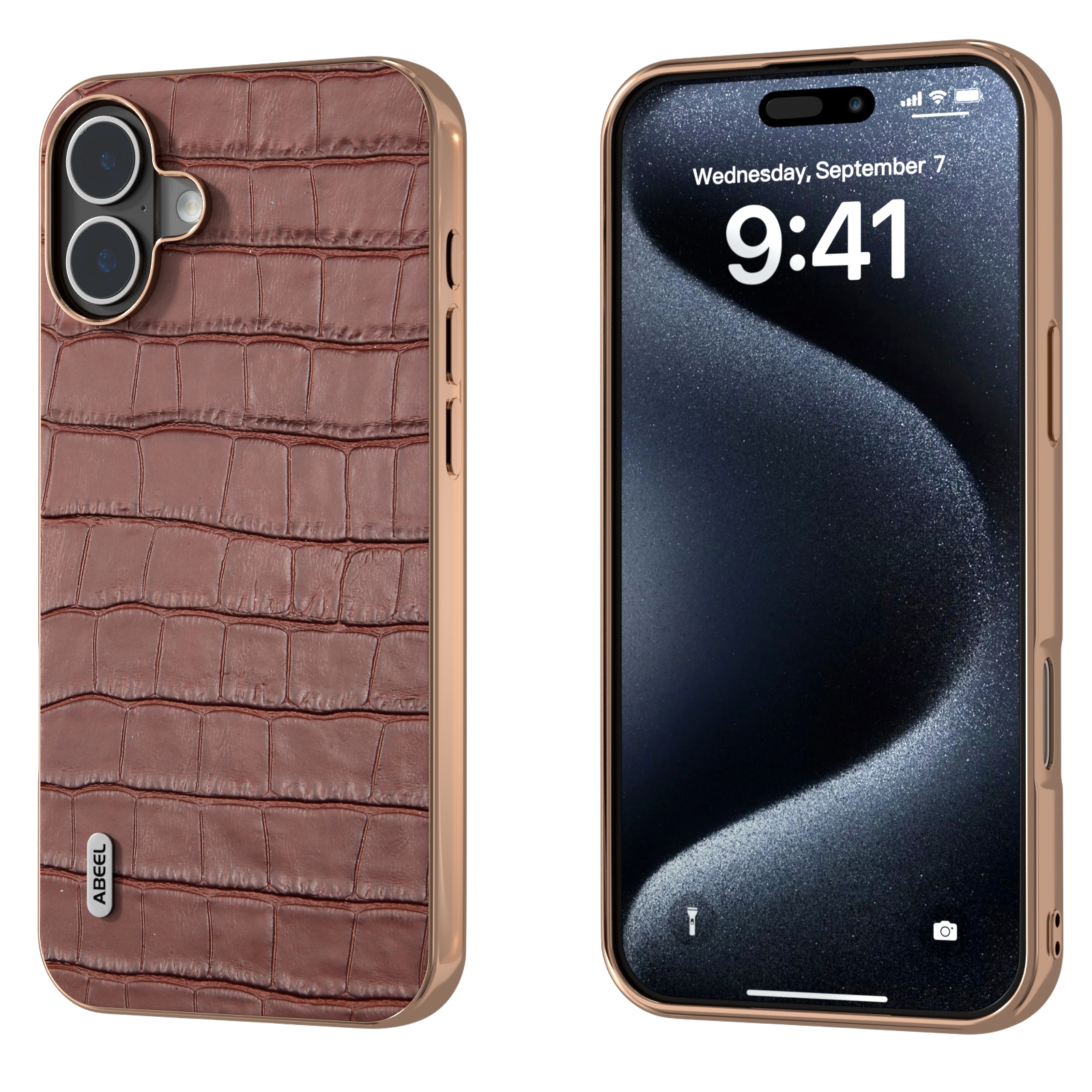 For iPhone 16 ABEEL Electroplating Frame Crocodile Texture Genuine Leather Phone Case(Brown) For iPhone 16 ABEEL Electroplating Frame Crocodile Texture Genuine Leather Phone Case(Brown)