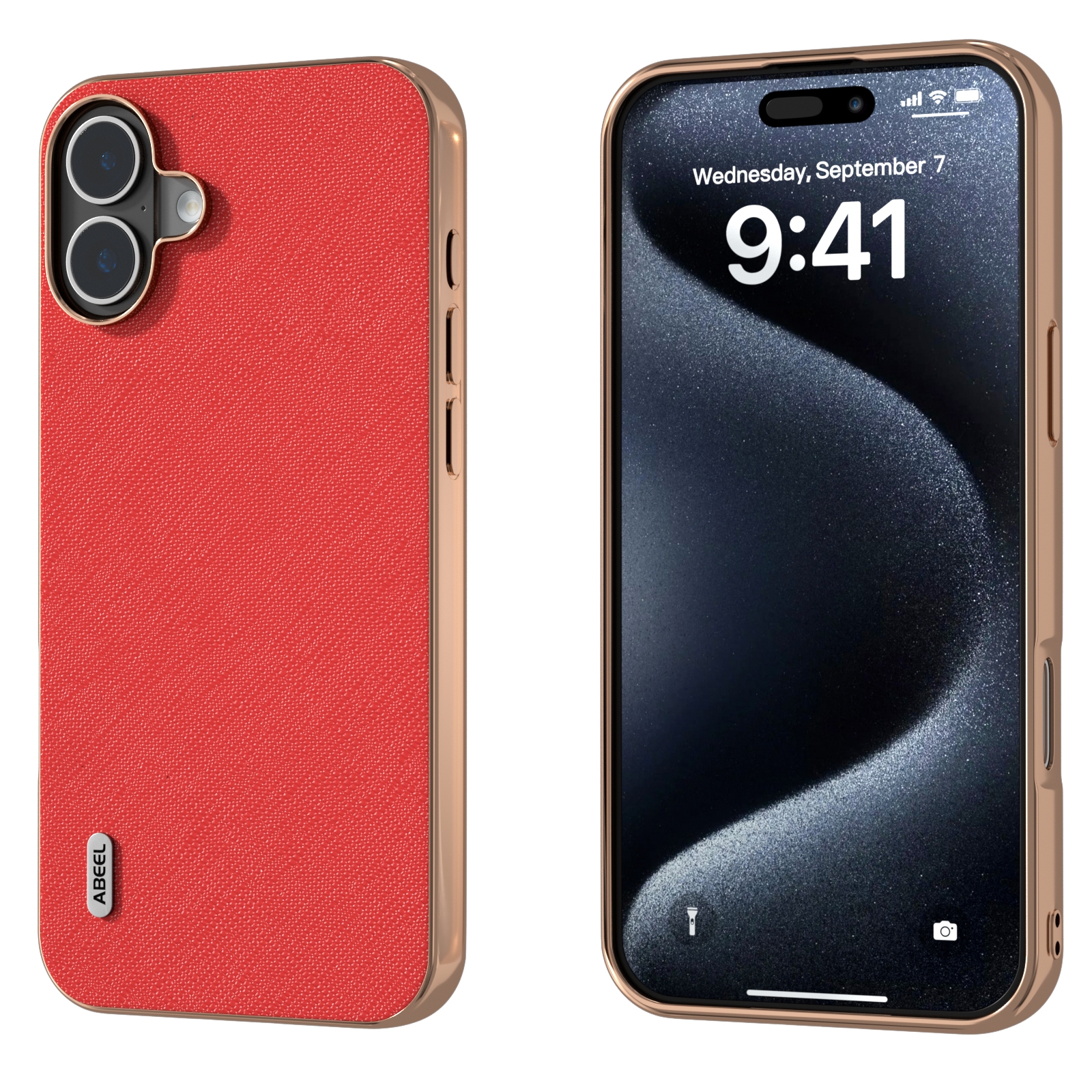 For iPhone 16 ABEEL Electroplating Frame Cross Texture Genuine Leather Phone Case(Red) For iPhone 16 ABEEL Electroplating Frame Cross Texture Genuine Leather Phone Case(Red)