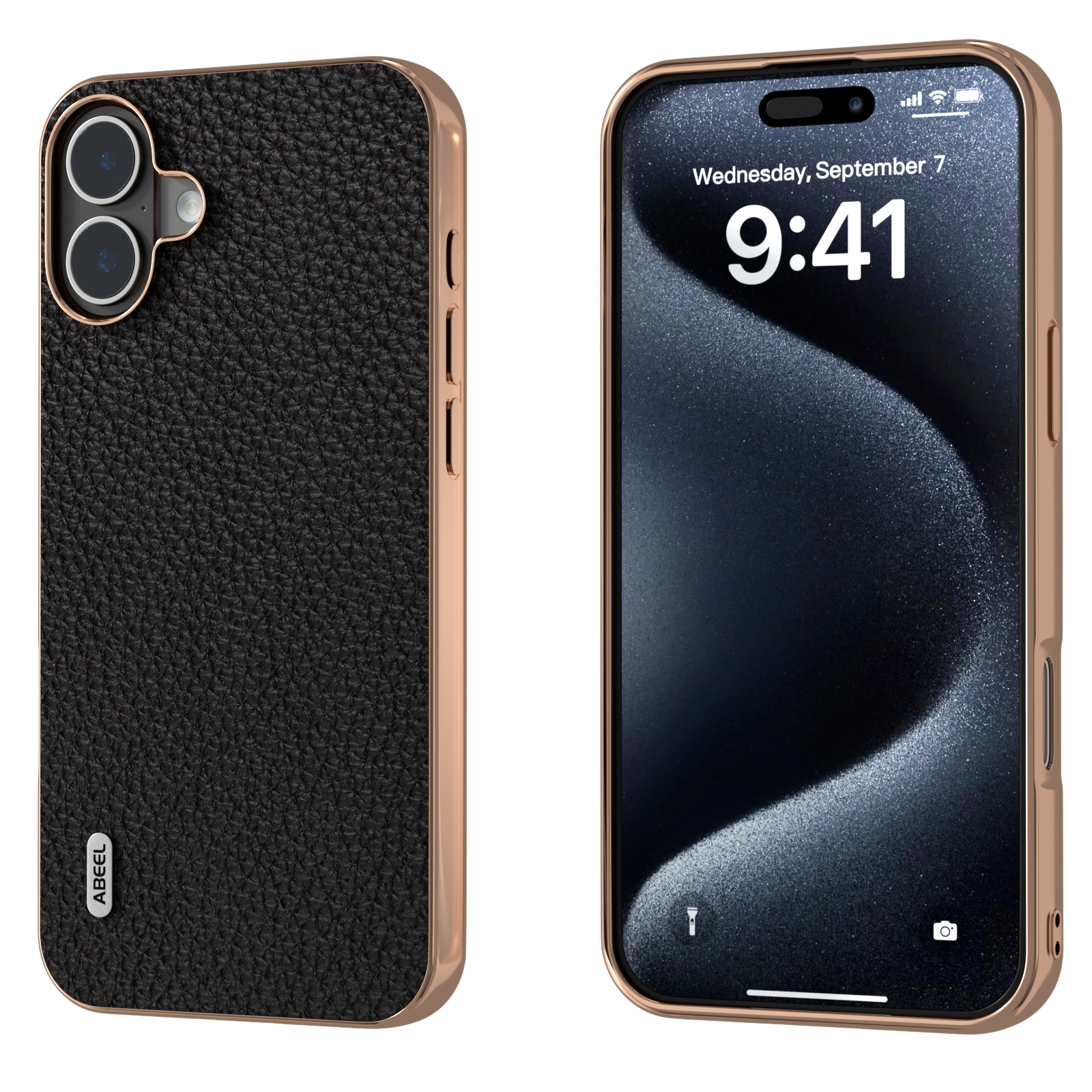 For iPhone 16 Plus ABEEL Electroplating Frame Genuine Leather Litchi Texture Phone Case(Black) For iPhone 16 Plus ABEEL Electroplating Frame Genuine Leather Litchi Texture Phone Case(Black)
