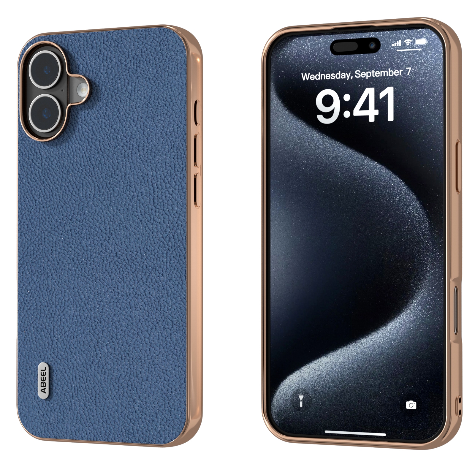 For iPhone 16 Plus ABEEL Electroplating Frame Genuine Leather + PC Litchi Texture Phone Case(Blue) For iPhone 16 Plus ABEEL Electroplating Frame Genuine Leather + PC Litchi Texture Phone Case(Blue)