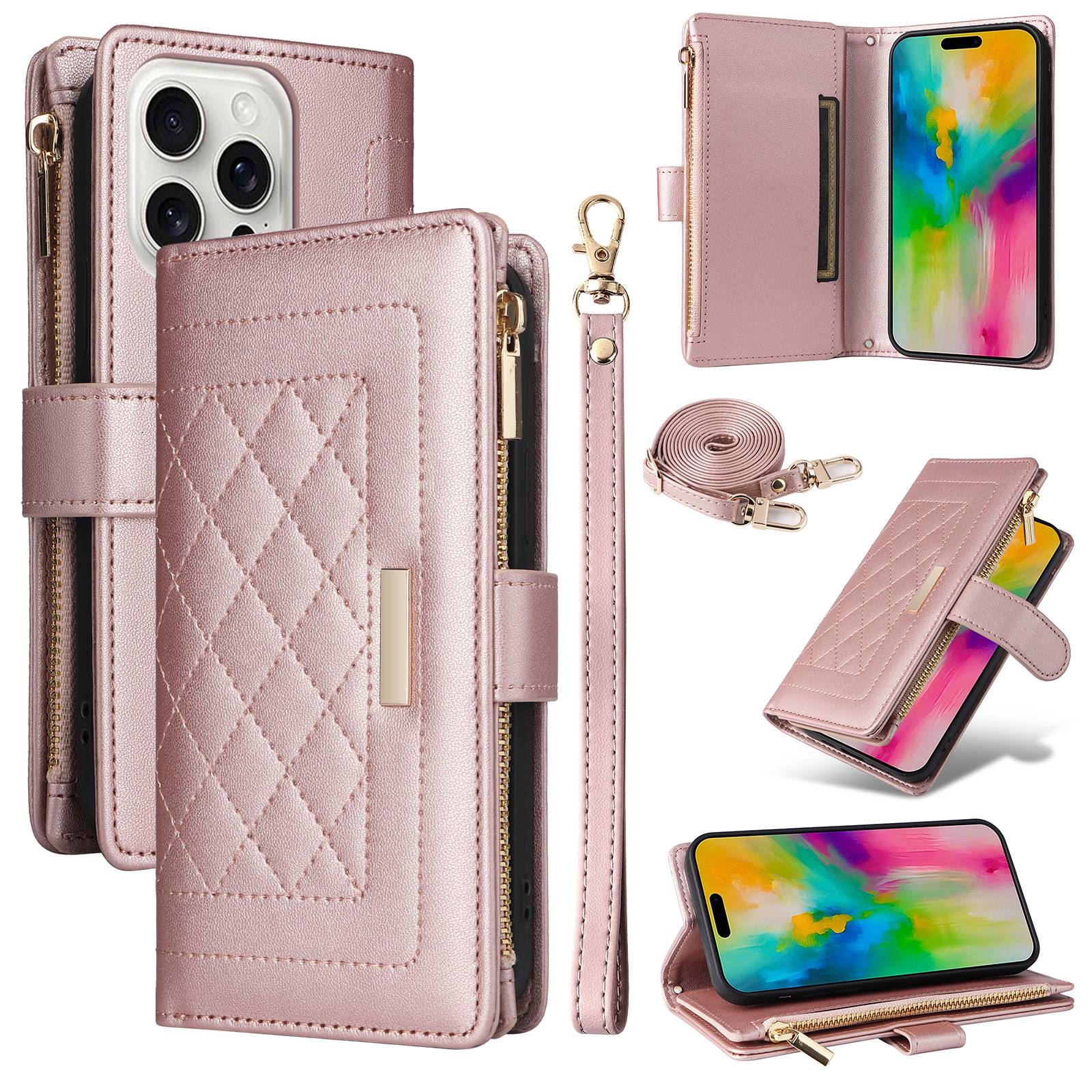 For iPhone 16 Pro Max Crossbody Zipper Wallet Rhombus Leather Phone Case(Rose Gold) For iPhone 16 Pro Max Crossbody Zipper Wallet Rhombus Leather Phone Case(Rose Gold)