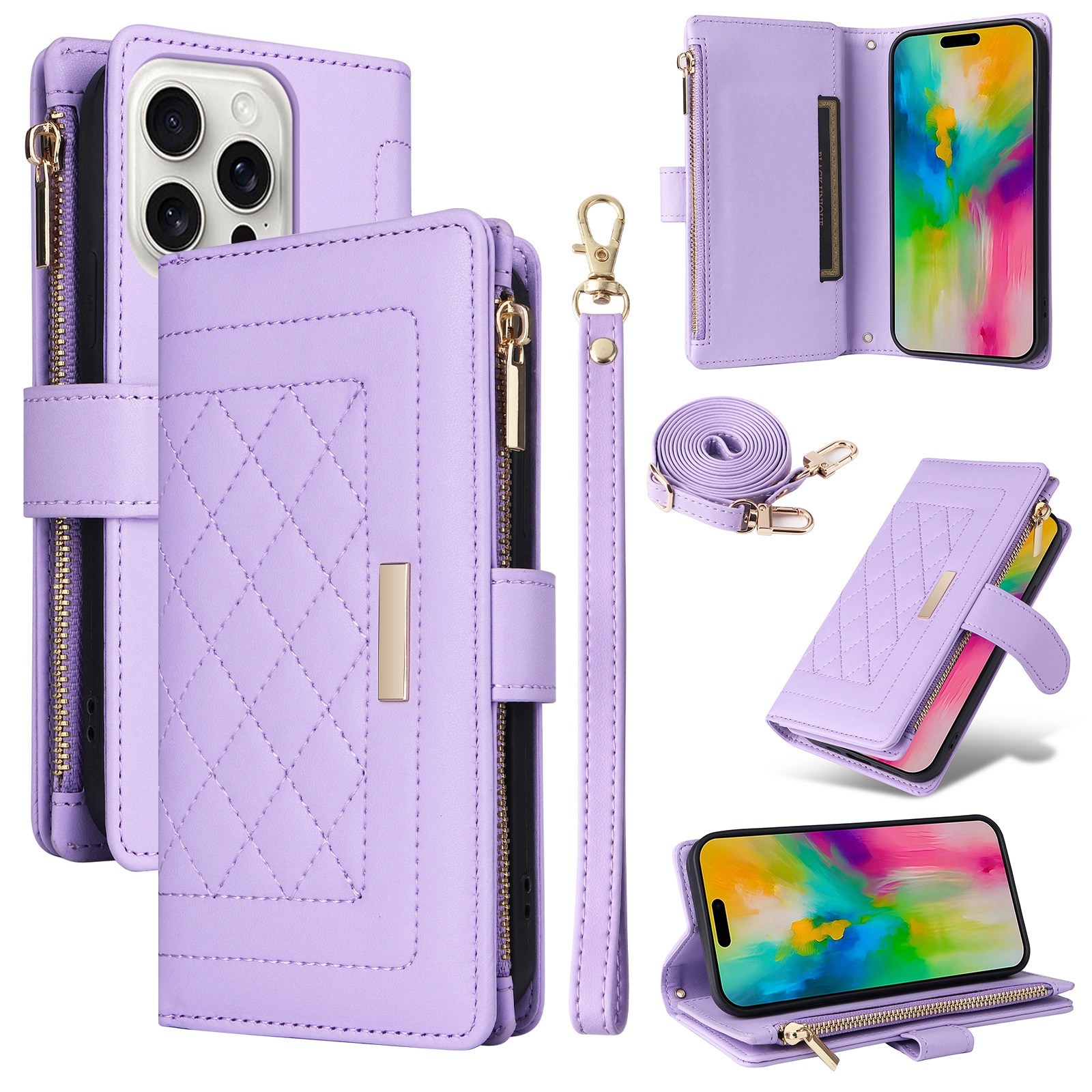For iPhone 16 Pro Crossbody Zipper Wallet Rhombus Leather Phone Case(Purple) For iPhone 16 Pro Crossbody Zipper Wallet Rhombus Leather Phone Case(Purple)