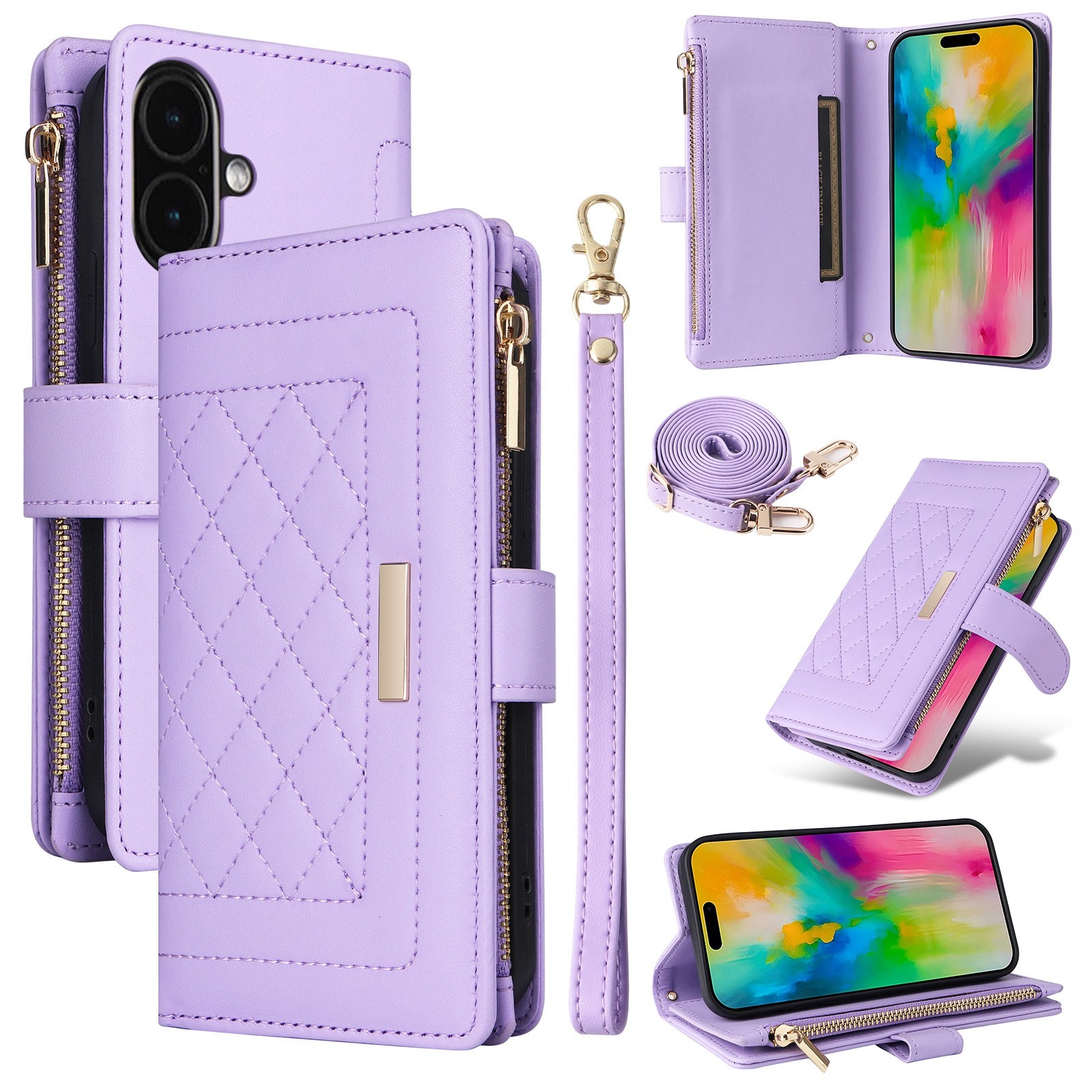 For iPhone 16 Plus Crossbody Zipper Wallet Rhombus Leather Phone Case(Purple) For iPhone 16 Plus Crossbody Zipper Wallet Rhombus Leather Phone Case(Purple)