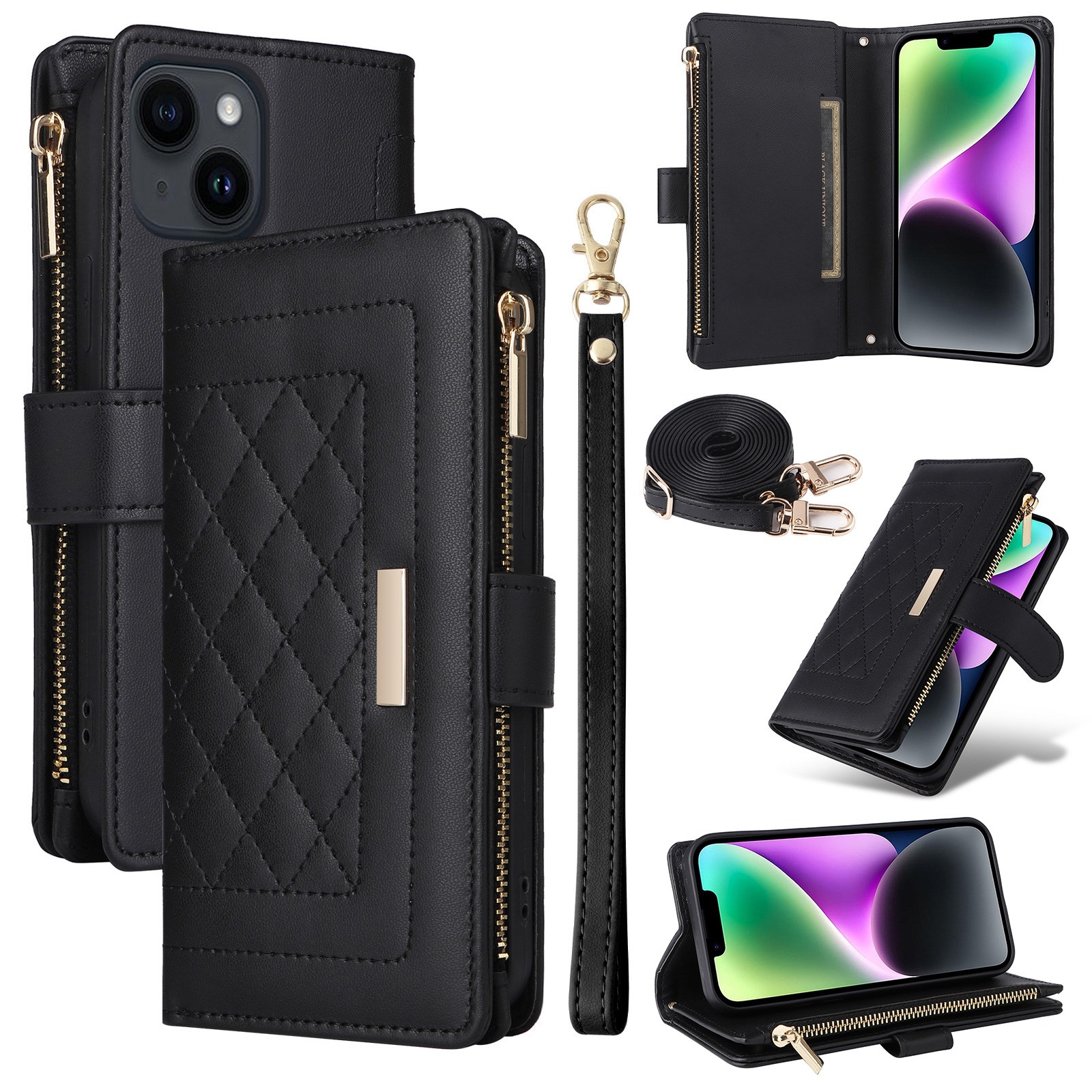 For iPhone 15 Plus / 14 Plus Crossbody Zipper Wallet Rhombus Leather Phone Case(Black)