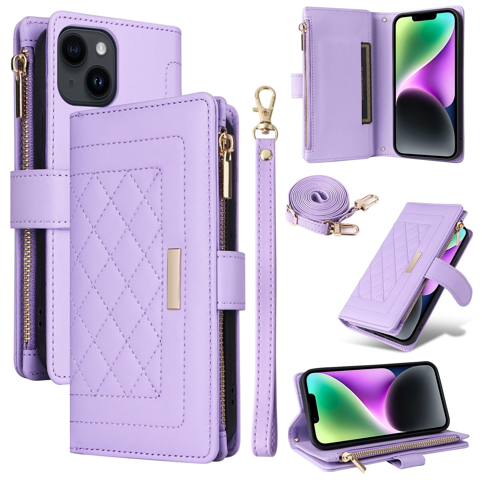For iPhone 14 / 13 Crossbody Zipper Wallet Rhombus Leather Phone Case(Purple) For iPhone 14 / 13 Crossbody Zipper Wallet Rhombus Leather Phone Case(Purple)