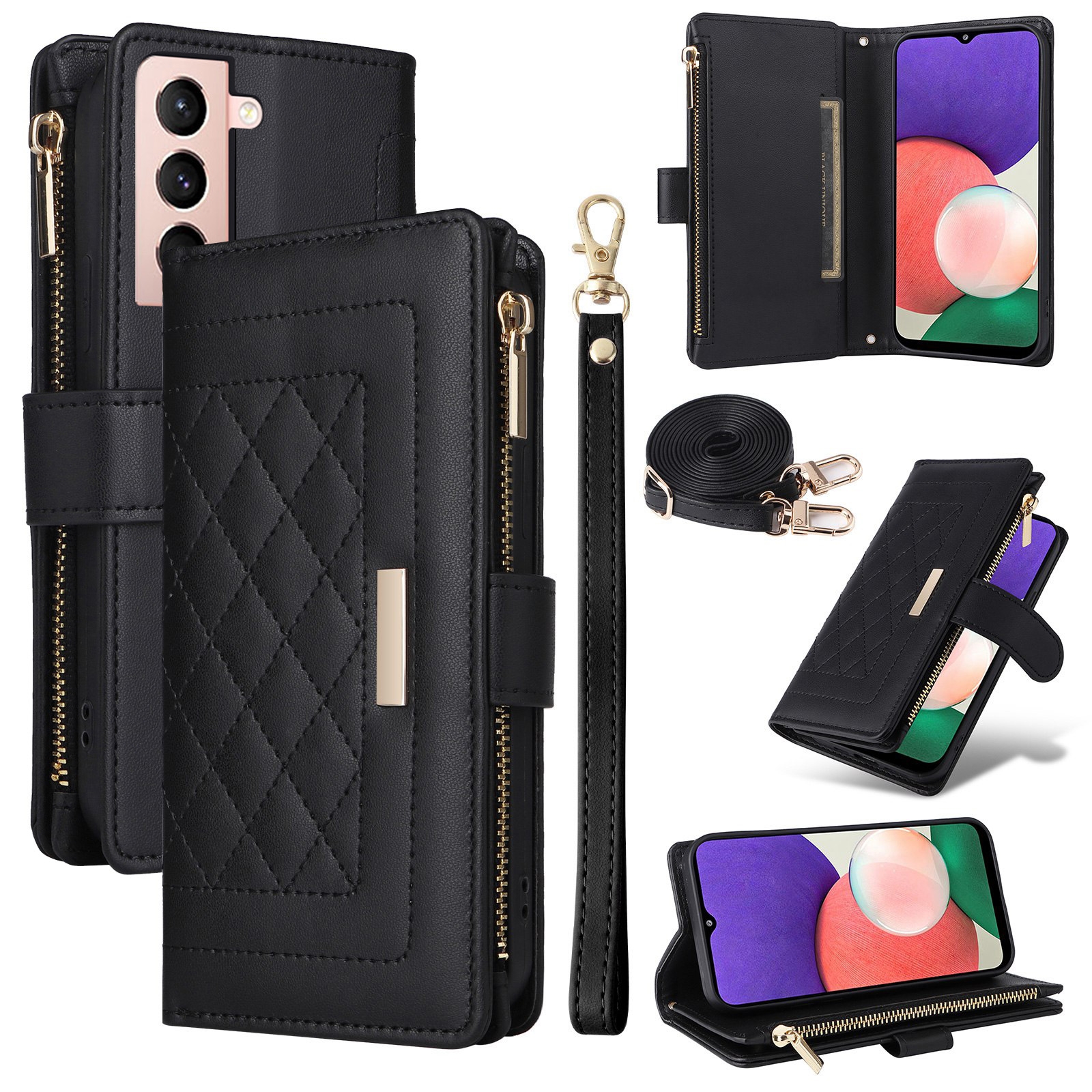 For Samsung Galaxy S21 5G Crossbody Zipper Wallet Rhombus Leather Phone Case(Black) For Samsung Galaxy S21 5G Crossbody Zipper Wallet Rhombus Leather Phone Case(Black)