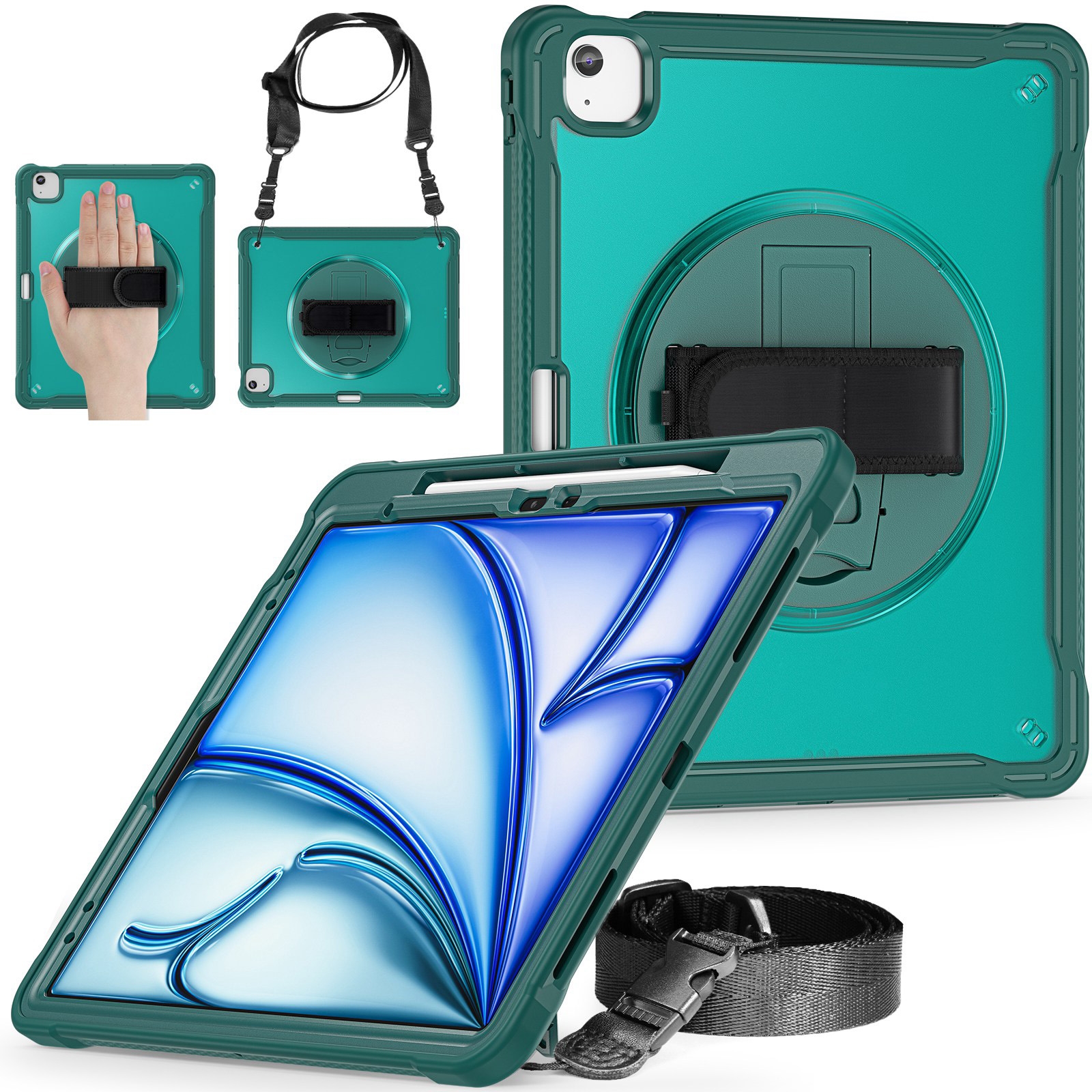 For iPad Air 13 2024 Heavy Duty Hybrid Tablet Case with Hand Grip & Strap(Dark Green) For iPad Air 13 2024 Heavy Duty Hybrid Tablet Case with Hand Grip & Strap(Dark Green)