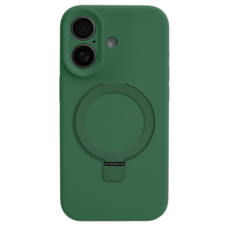For iPhone 16 Precision Hole Liquid Silicone MagSafe Metal Ring Holder Phone Case(Green) For iPhone 16 Precision Hole Liquid Silicone MagSafe Metal Ring Holder Phone Case(Green)