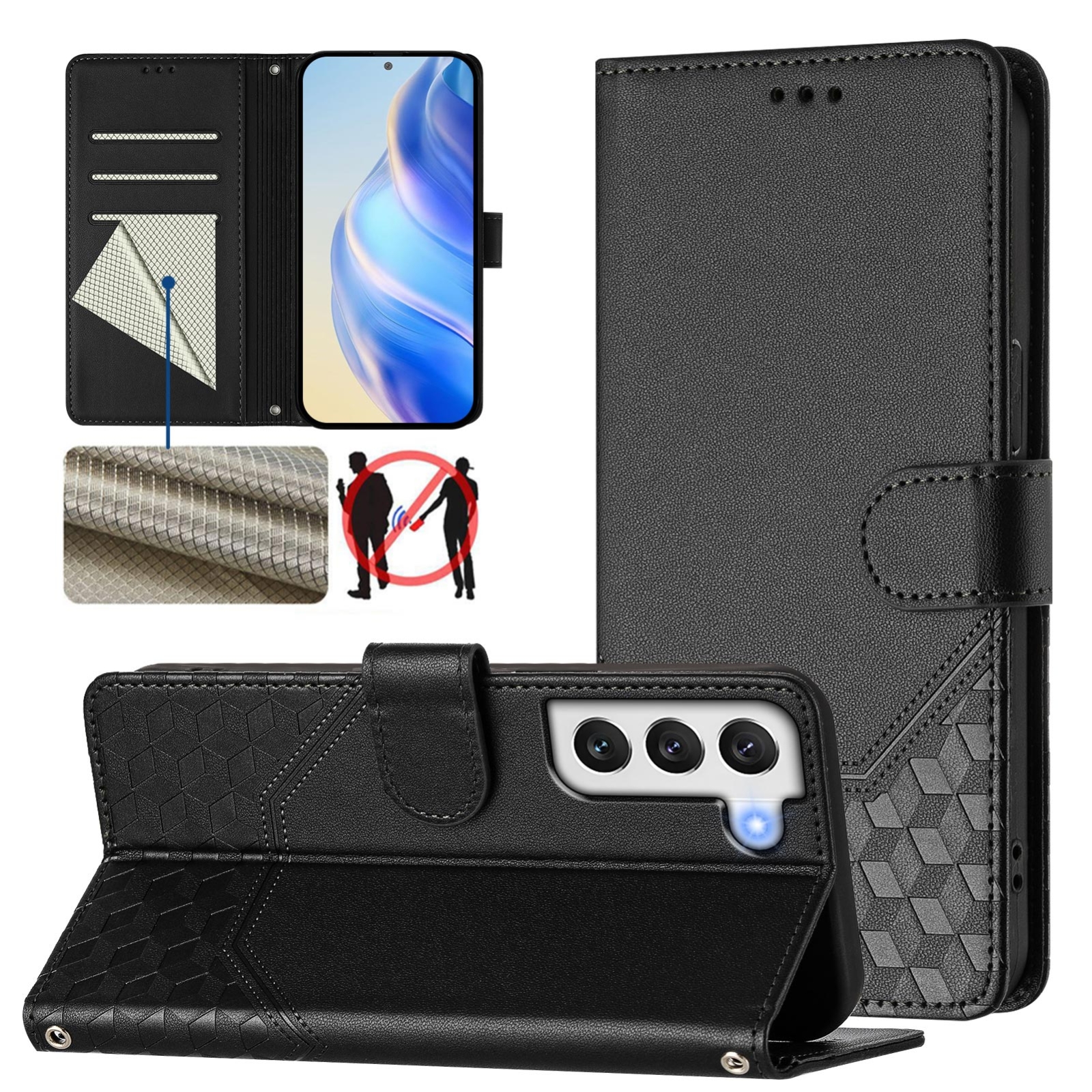 For Samsung Galaxy S22 5G Honeycomb Embossing RFID Leather Phone Case(Black) For Samsung Galaxy S22 5G Honeycomb Embossing RFID Leather Phone Case(Black)