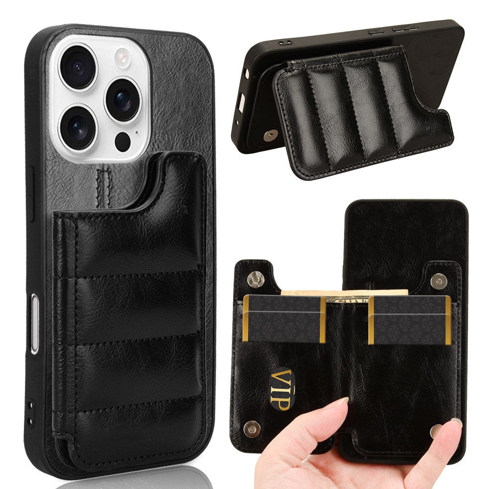 For iPhone 16 Pro Cow Pattern Sewing Card Bag Phone Case(Black) For iPhone 16 Pro Cow Pattern Sewing Card Bag Phone Case(Black)