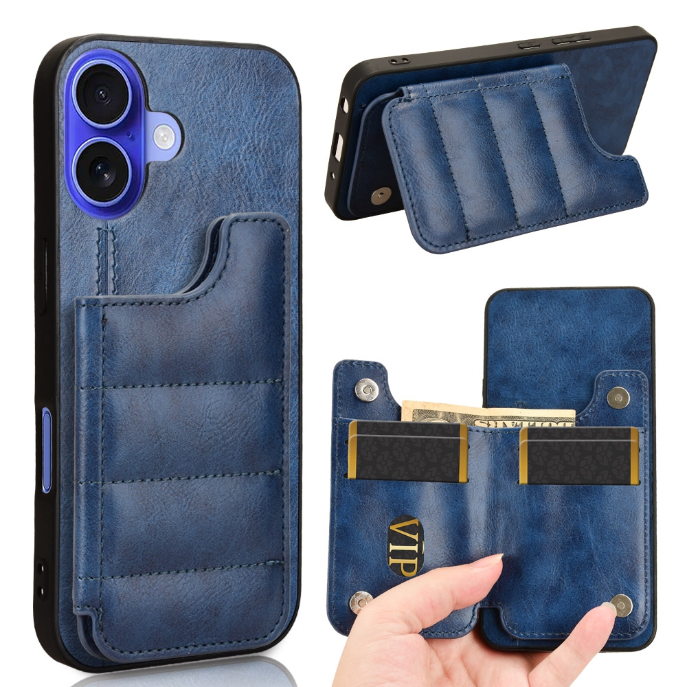 For iPhone 16 Plus Cow Pattern Sewing Card Bag Phone Case(Blue) For iPhone 16 Plus Cow Pattern Sewing Card Bag Phone Case(Blue)