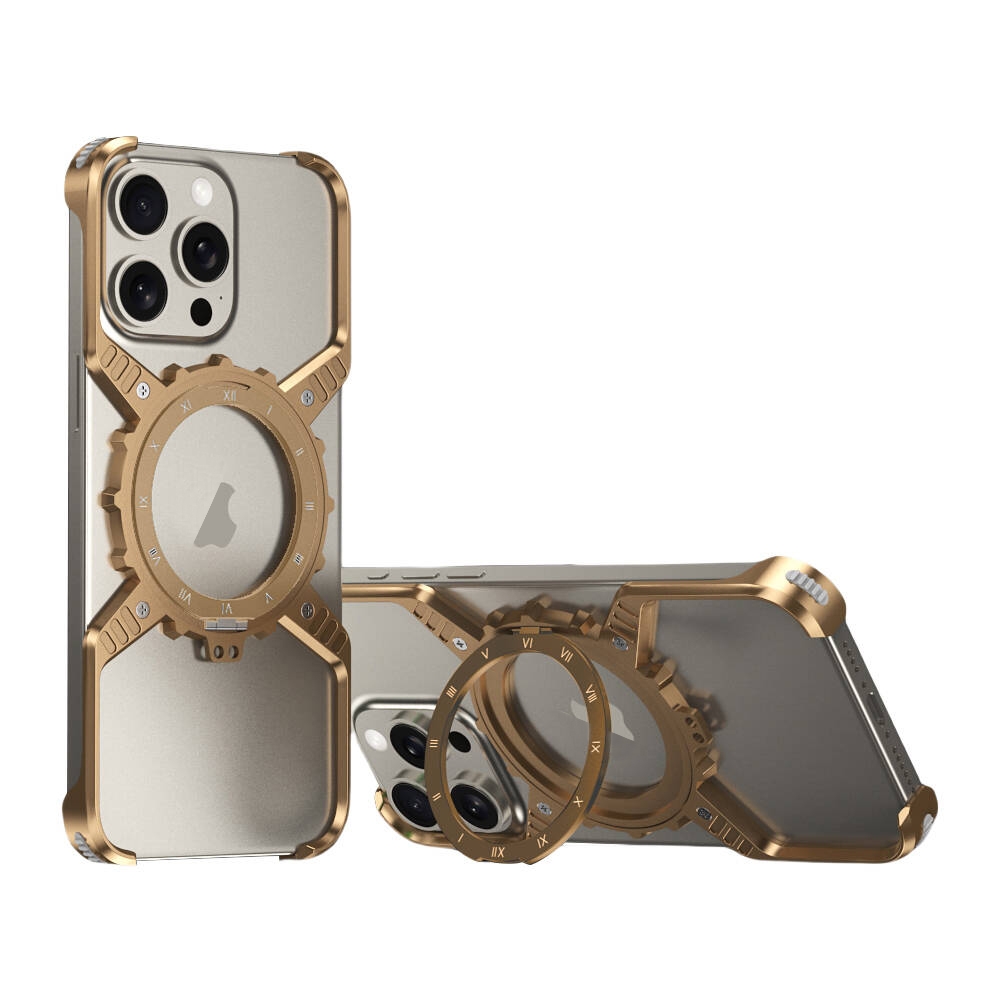 For iPhone 15 Pro / 14 Pro / 13 Pro Mechanical Gear MagSafe Holder Borderless Metal Phone Case(Gold) For iPhone 15 Pro / 14 Pro / 13 Pro Mechanical Gear MagSafe Holder Borderless Metal Phone Case(Gold)