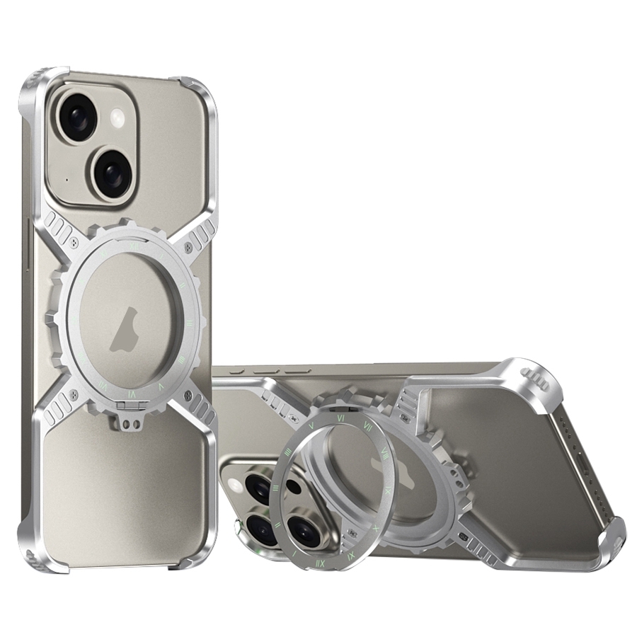 For iPhone 15 / 14 / 13 Mechanical Gear MagSafe Holder Borderless Metal Phone Case(Silver) For iPhone 15 / 14 / 13 Mechanical Gear MagSafe Holder Borderless Metal Phone Case(Silver)