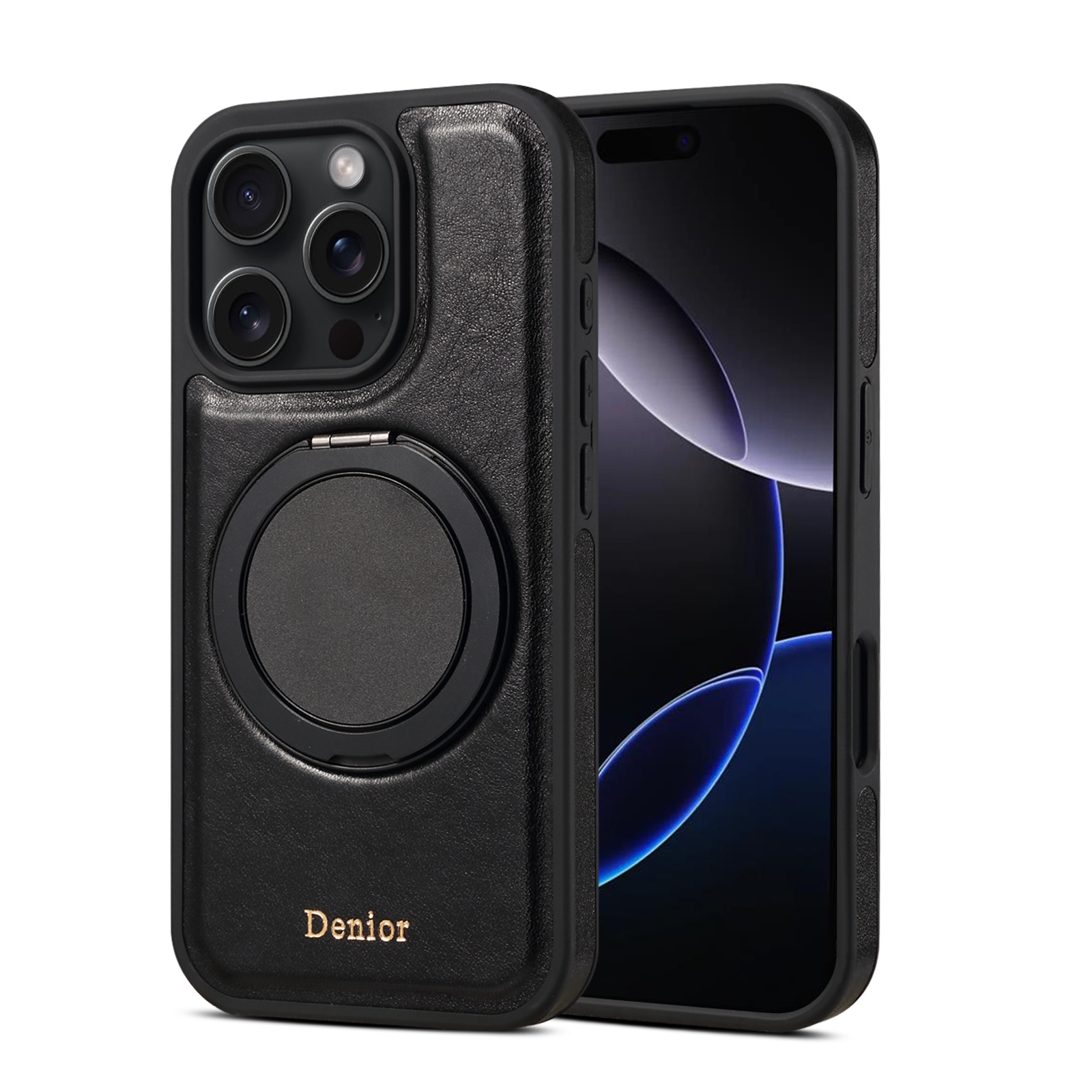 For iPhone 16 Pro Max Denior A17 Genuine Leather Gear Magnetic Holder Phone Case(Black) For iPhone 16 Pro Max Denior A17 Genuine Leather Gear Magnetic Holder Phone Case(Black)